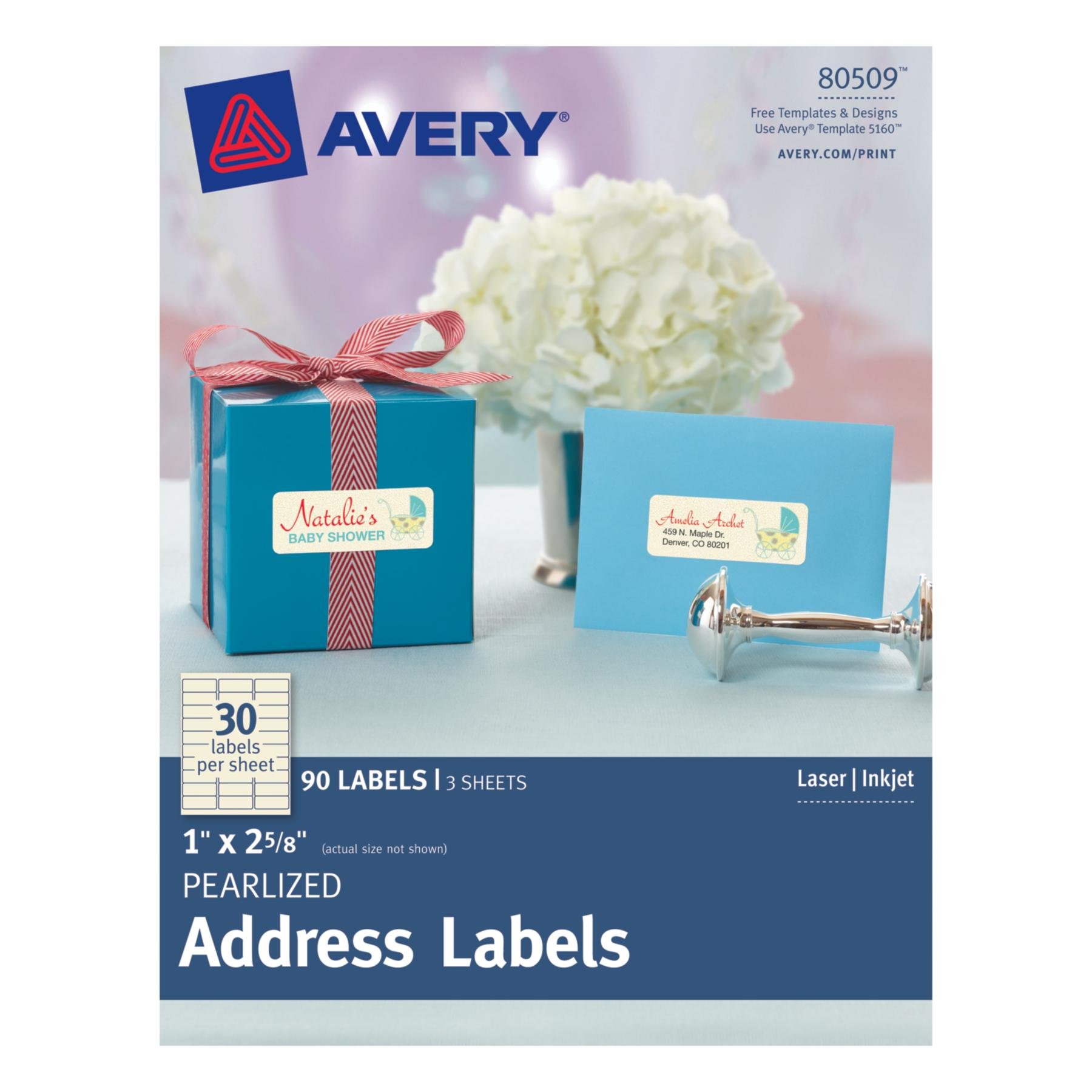 Avery Pearlized Address Labels, 1" x 2.62", Pack of 90 Labels (80509)