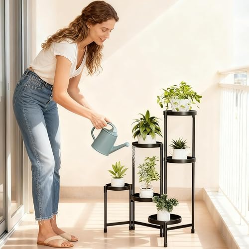 Miniatura 2 de Soporte de esquina de metal negro de 6 niveles para interiores y exteriores, soporte alto de exhibición de flores escalonadas para gran espacio de