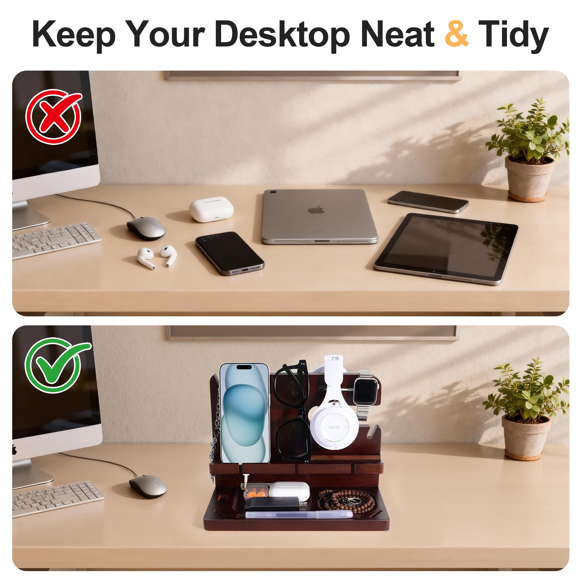 Oraich Station d'accueil de téléphone en bois pour homme, table de nuit et organisateur de bureau, support de charge pour téléphone, montre, portefeuille, clés et essentiels (version standard)