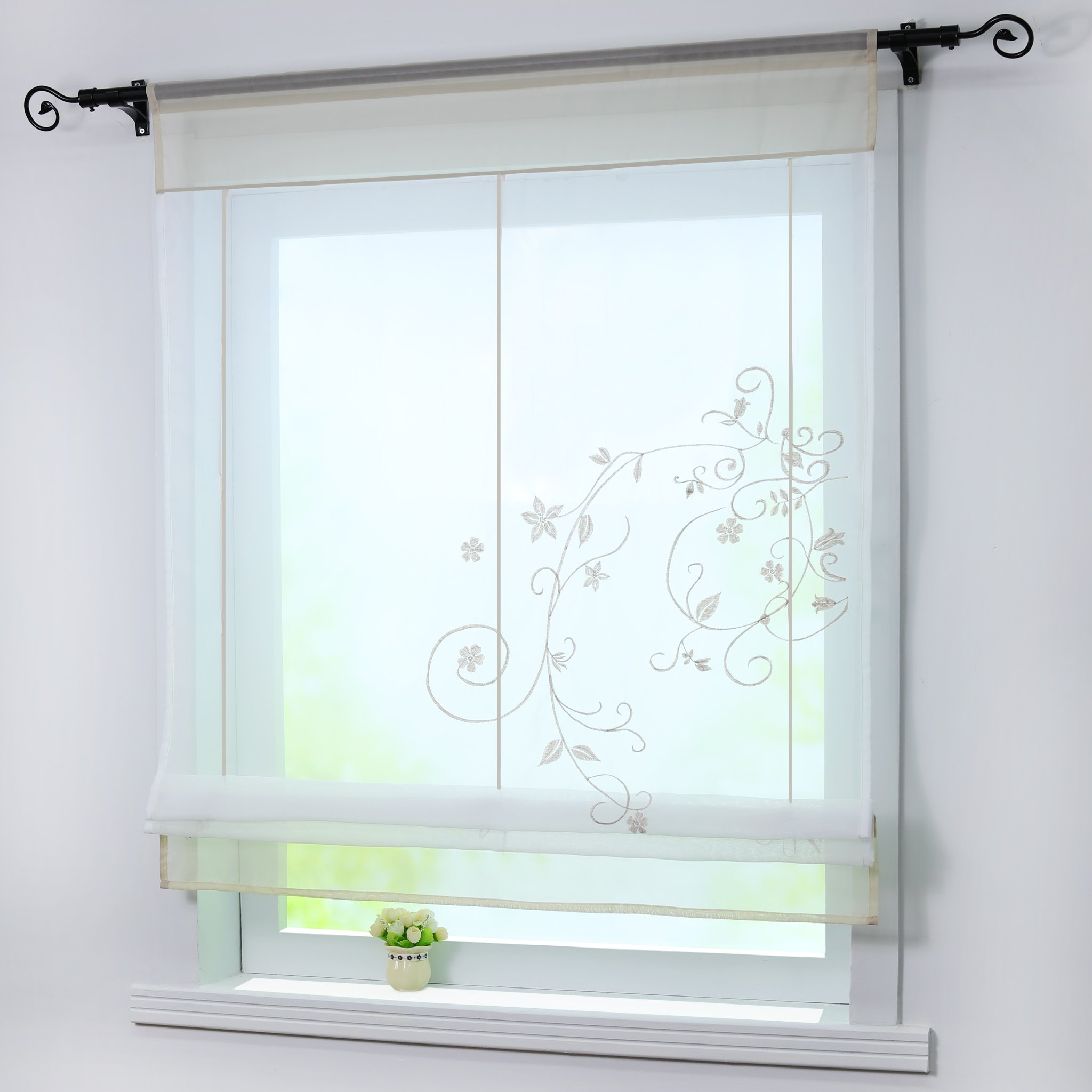 Joyswahl Alina Roman Blind, 100x140cm, Sand, Polyester, Drawstring, Sheer, Floral Embroidery