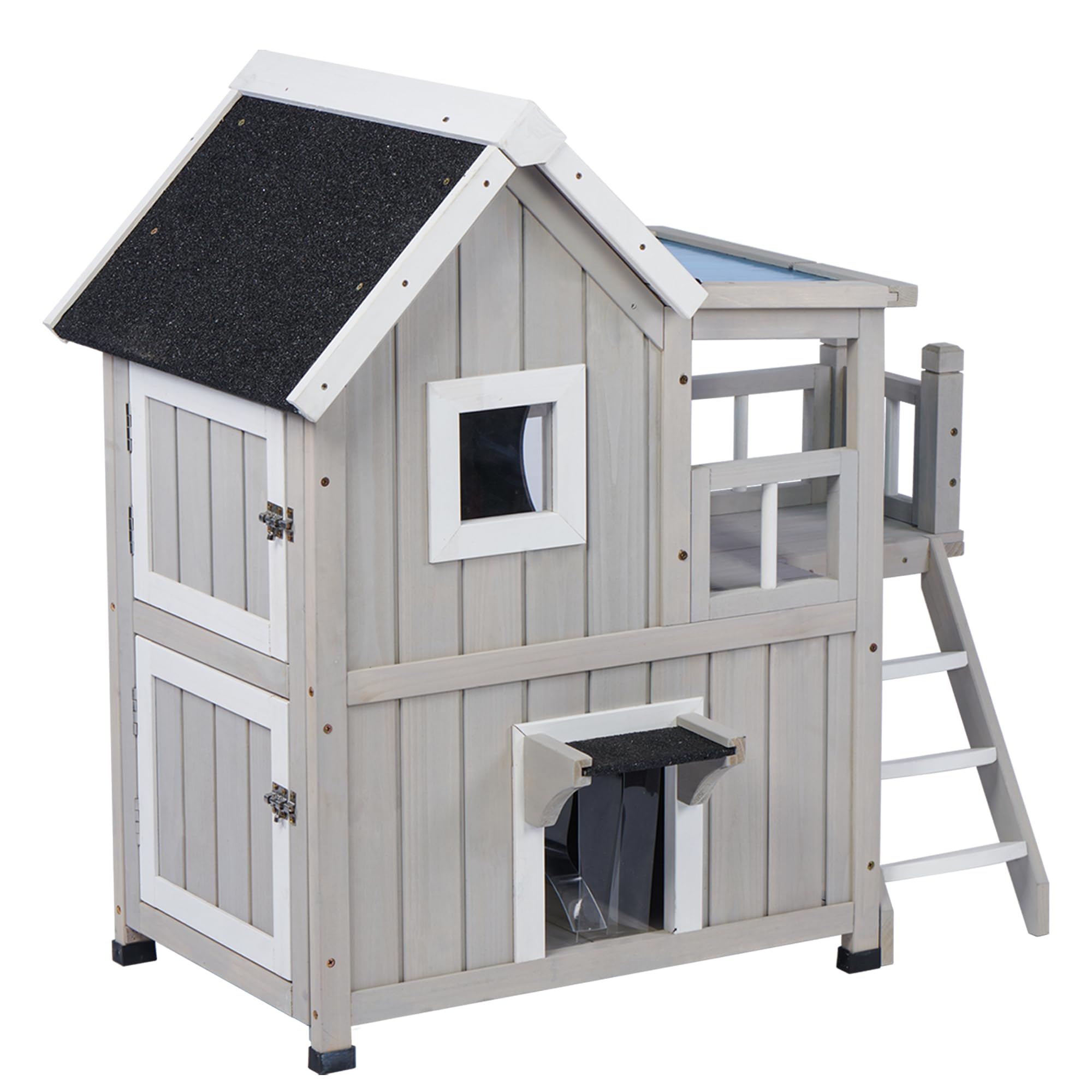 FTCBNet Outdoor Cat House, Cat Shelter for Feral Cats, Weatherproof 2-Story Wooden Cat House with Escape Door for 2-3 Cats