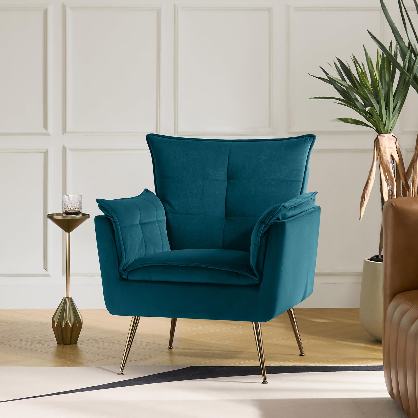 HULALA HOME Sessel gemütlich Lesesessel bequem mit goldenen Metallbeinen moderner Loungesessel aus Samt mit Dickes Sitzkissen für Wohnzimmer und Schlafzimmer, Dunkelgrün