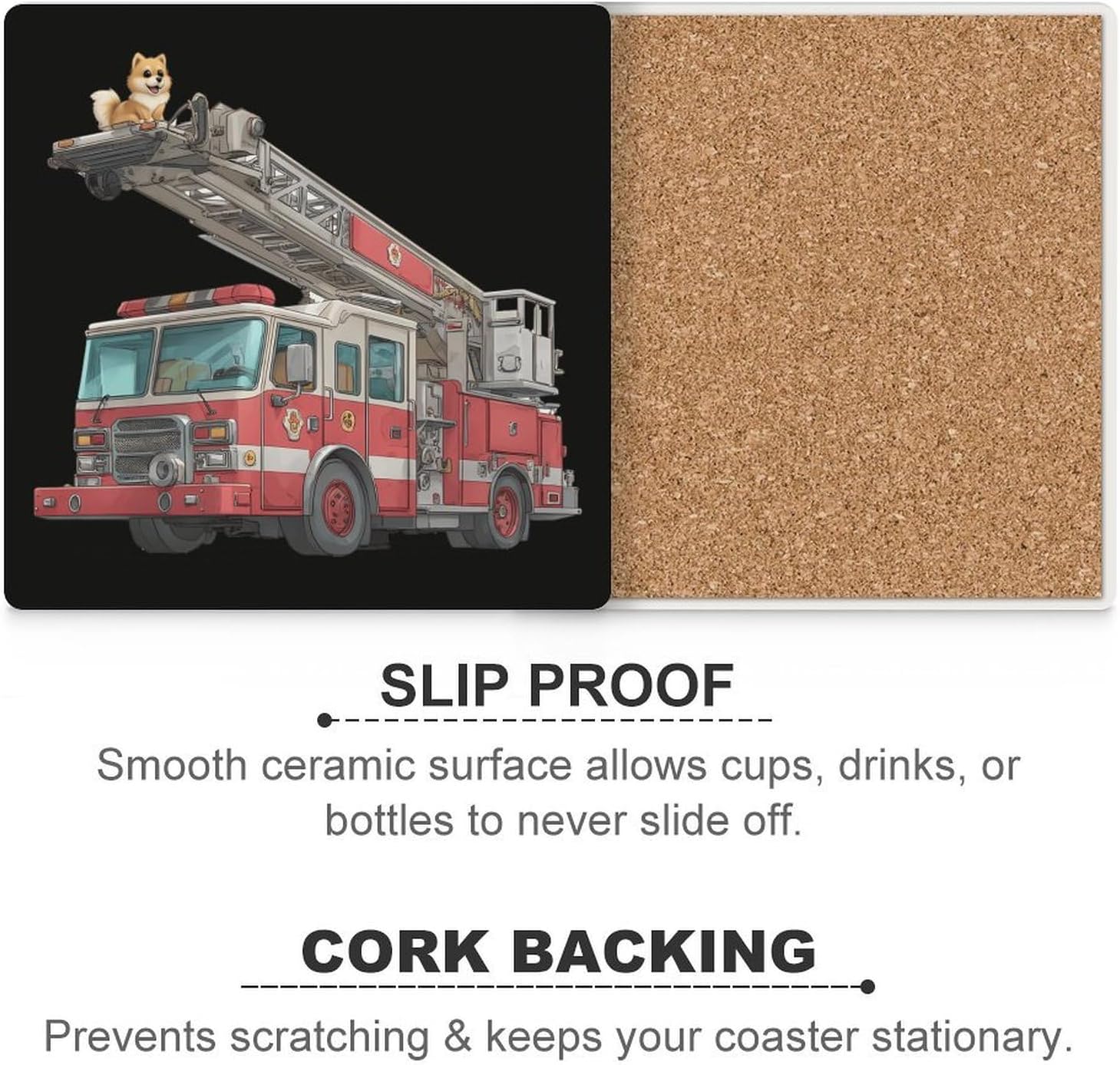 Fire Truck Coaster for Drinks Square Ceramic Table Coasters Stone Mat Crafts 6PCS Home Kitchen Decor