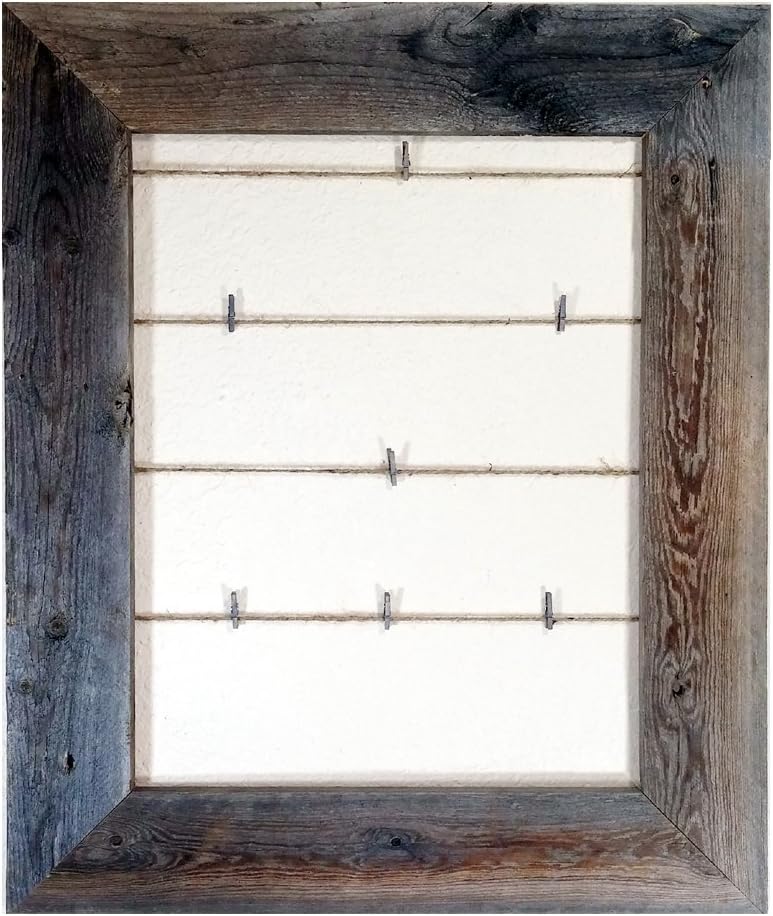 Reclaimed Rustic Barnwood Twine Collage Photo Frame - 12 Mini Clothes Pins Included