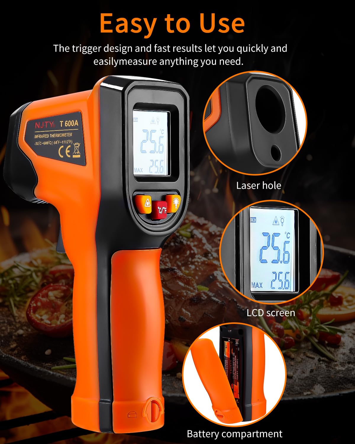 Termómetro Infrarrojo Digital -50℃~600℃ Pistola Temperatura Láser Sin Contacto con Pantalla LCD