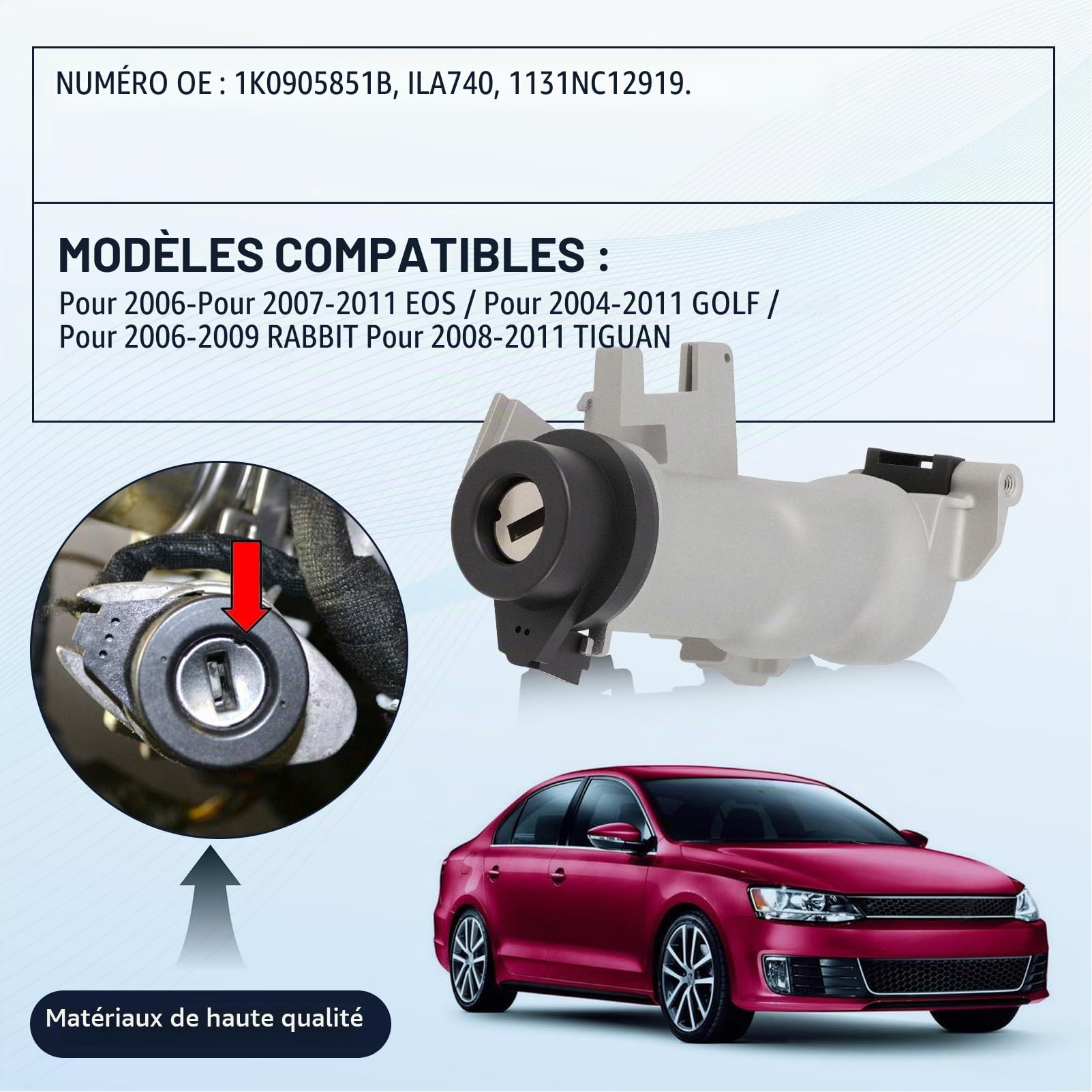 1K0905851B Neiman Interrupteur d'allumage avec 2 Clés+1 Télécommande pour A3 Q3 TT Golf PLUS 5 6 Caddy EOS Touran Tiguan Beetle Scirocco Seat Altea Leon Octavia 1k0905841
