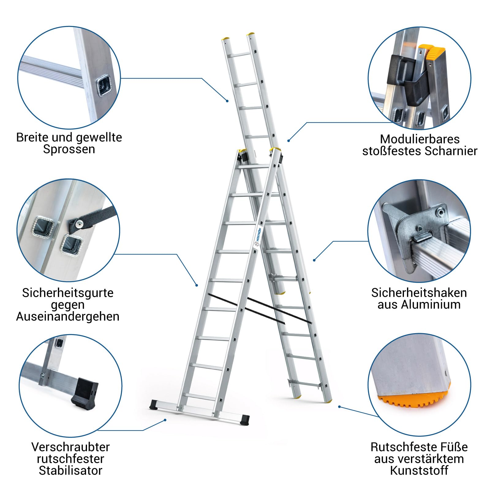 HOSTRÖM Ausziehbare Leiter, 3 Ebenen, StablePro, 3 x 9 Stufen, Aluminium, ausziehbar, verschiebbar, 6 Positionen, Arbeitshöhe max. 6,10 m