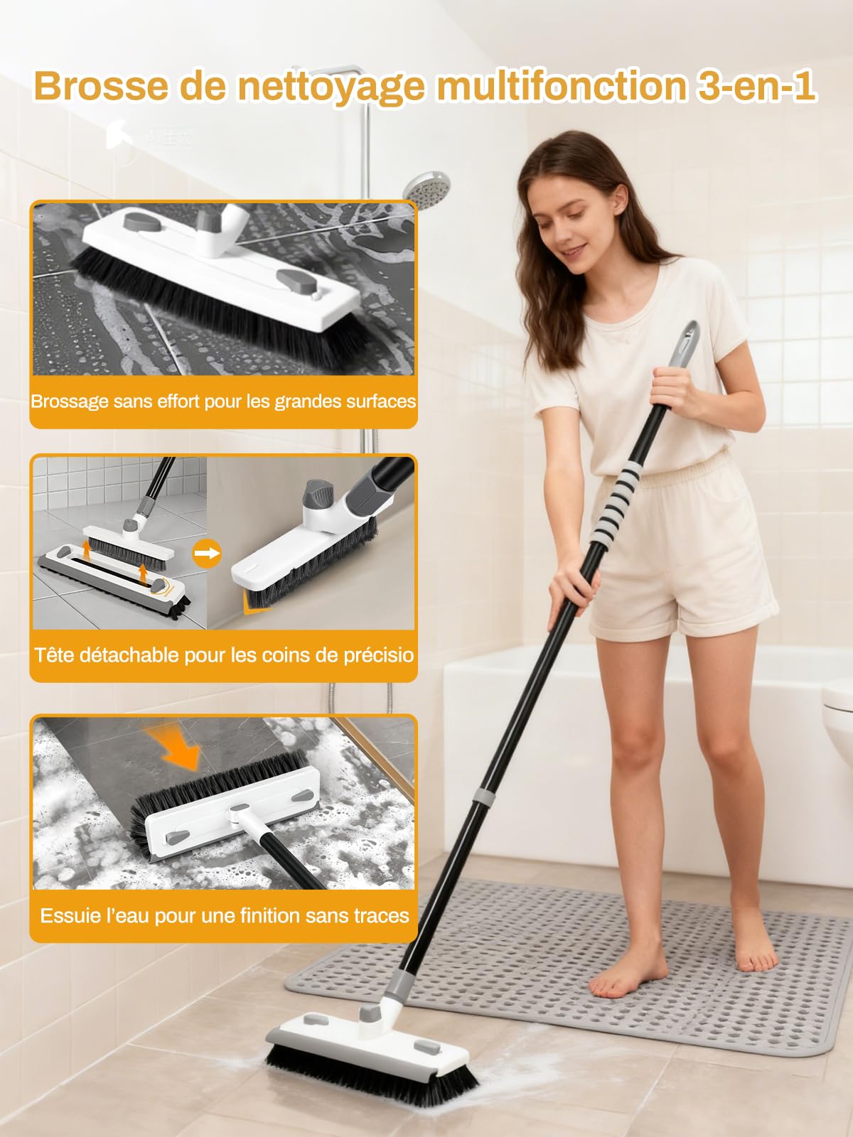 Brosse à Récurer Sols 3-en-1 Manche Long de 140 cm Poils Rigides Raclette Brosse à Joints en V Détachable Outil de Nettoyage Professionnel pour Salle de Bain, Carrelage, Terrasse, Béton et Garage