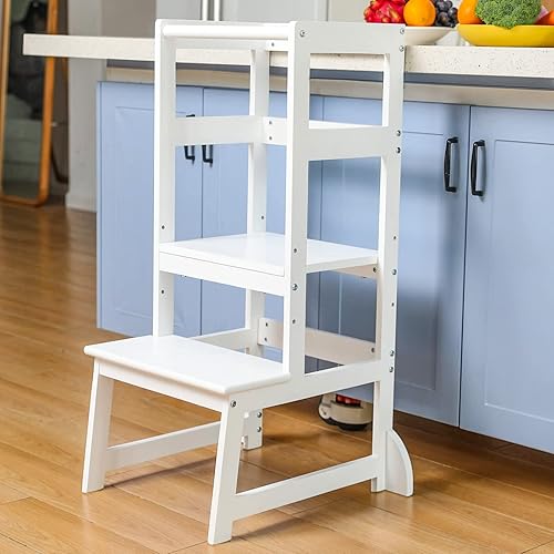 Wiifo Taburete de cocina para niños pequeños, taburete de aprendizaje Montessori de altura ajustable, torre de pie para niños pequeños (blanco)