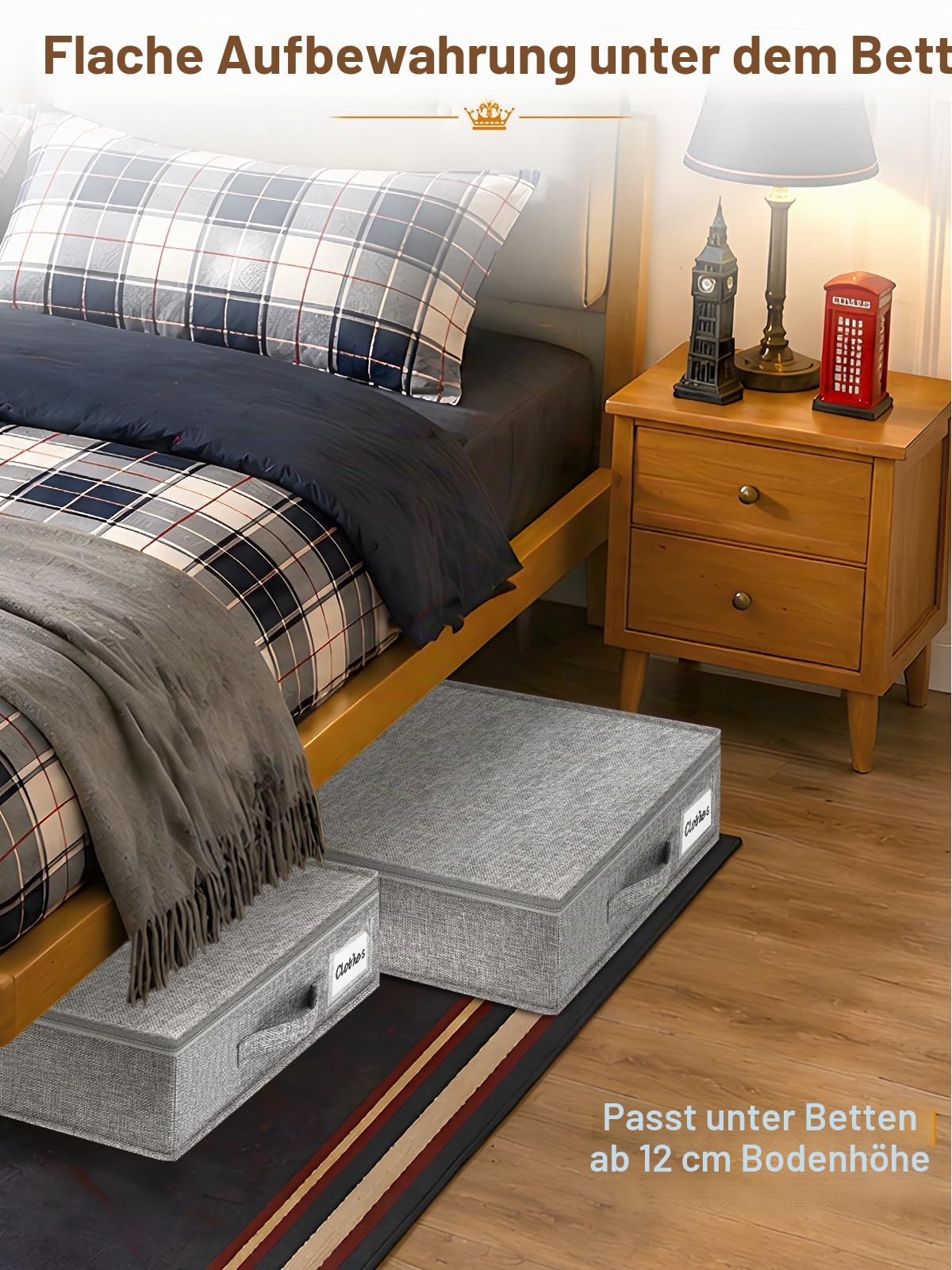 Unterbett-Aufbewahrungsbox mit Deckel, 2 Stück, 12 cm hoch, niedrige Unterbett-Aufbewahrungsboxen mit stabiler Seiten- und Bodenstütze, Stoff, dünn, flach, Unterbett, Sofa