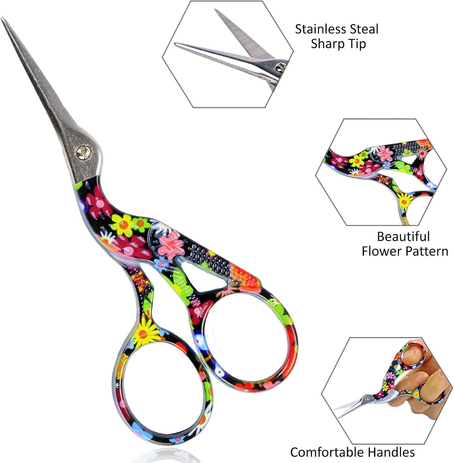 BIHRTC 4.5 Inch Small Scissors Embroidery Scissors Stainless Steel Sharp Stork Scissors Crane Design Sewing Scissors for Craft Needle Work Art Work Everyday Use Black Folwer Pattern Scissors