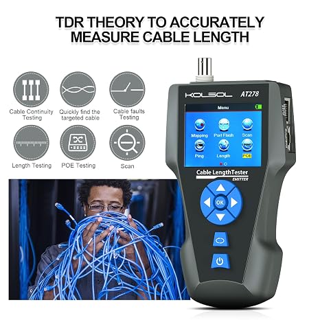Network Cable Tester and Tracker, KOLSOL AT278 NF-8601S TDR Multifunction LCD LAN Ethernet Poe Cable Tester for RJ45/RJ11/BNC/Metal Cable - PING/POE Wire Tracker for Length & Distance to Fault Testing