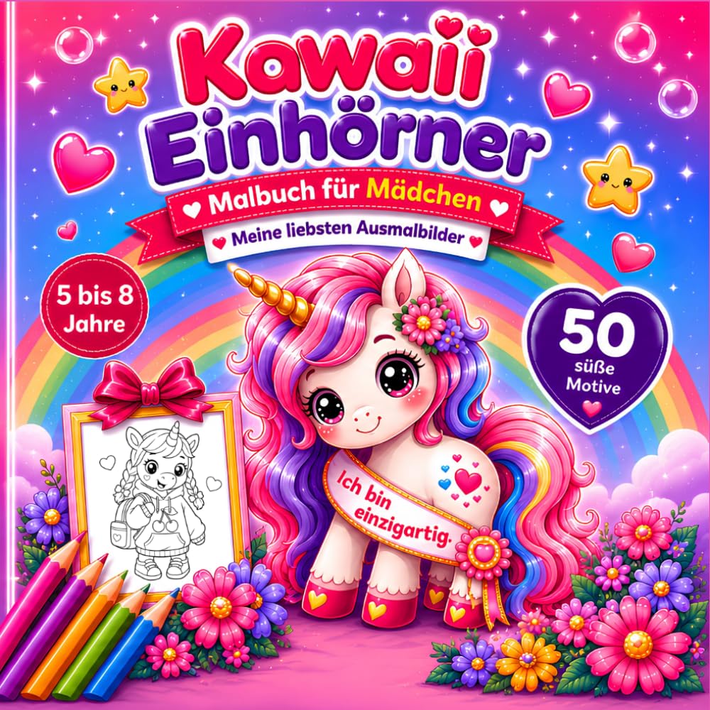 Kawaii Einhörner Malbuch für Mädchen von 5 bis 8 Jahren: Niedliche Ausmalbilder mit modernen und klassischen Einhörnern und Fantasy-Motiven | Geschenk für kreative Mädchen