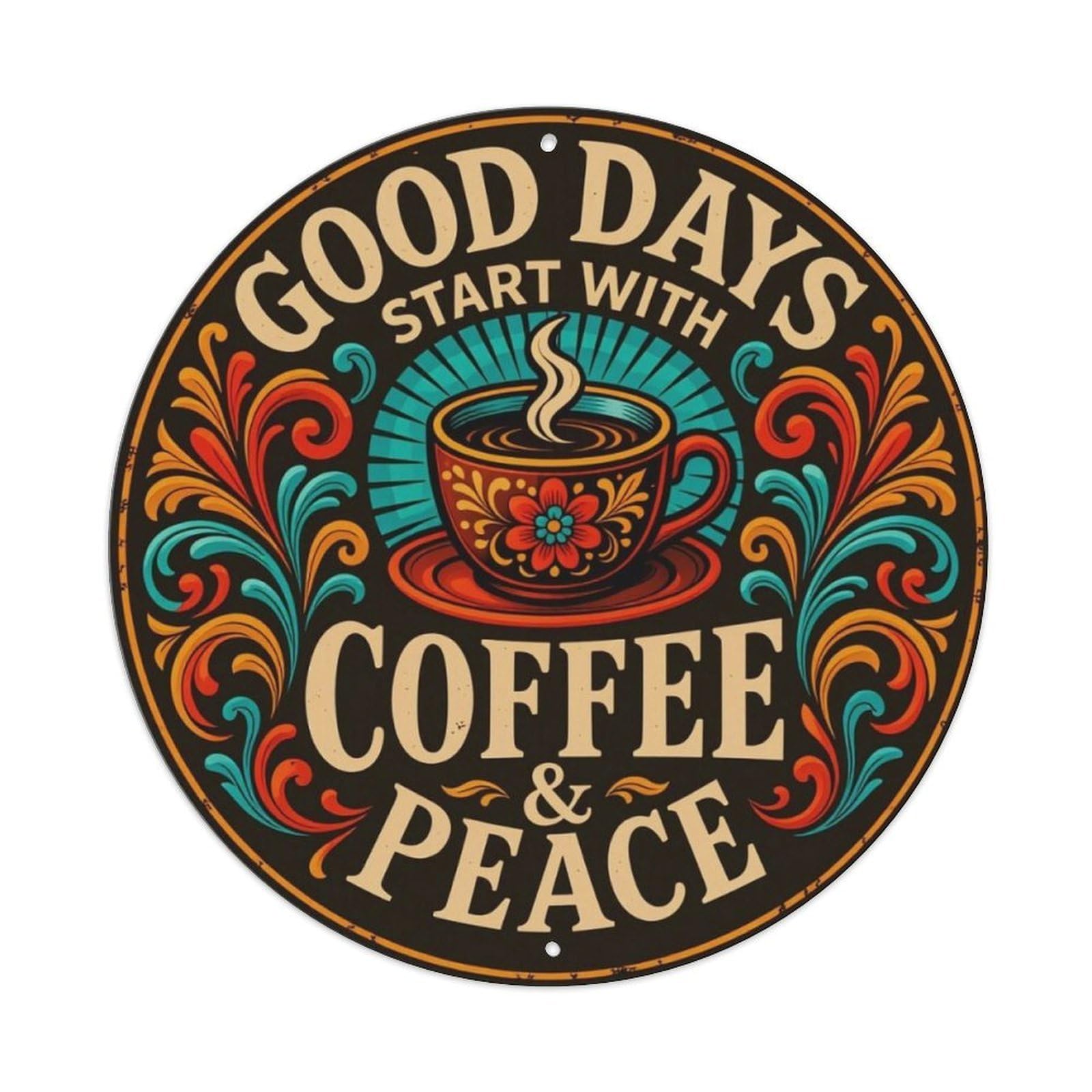 Boho Floral Coffee Vintage Round Distressed Metal Tin Sign Vintage Aluminium Metal Sign, Retro Wall Decor for Home, Bar, Garage & Farmhouse 20x20cm