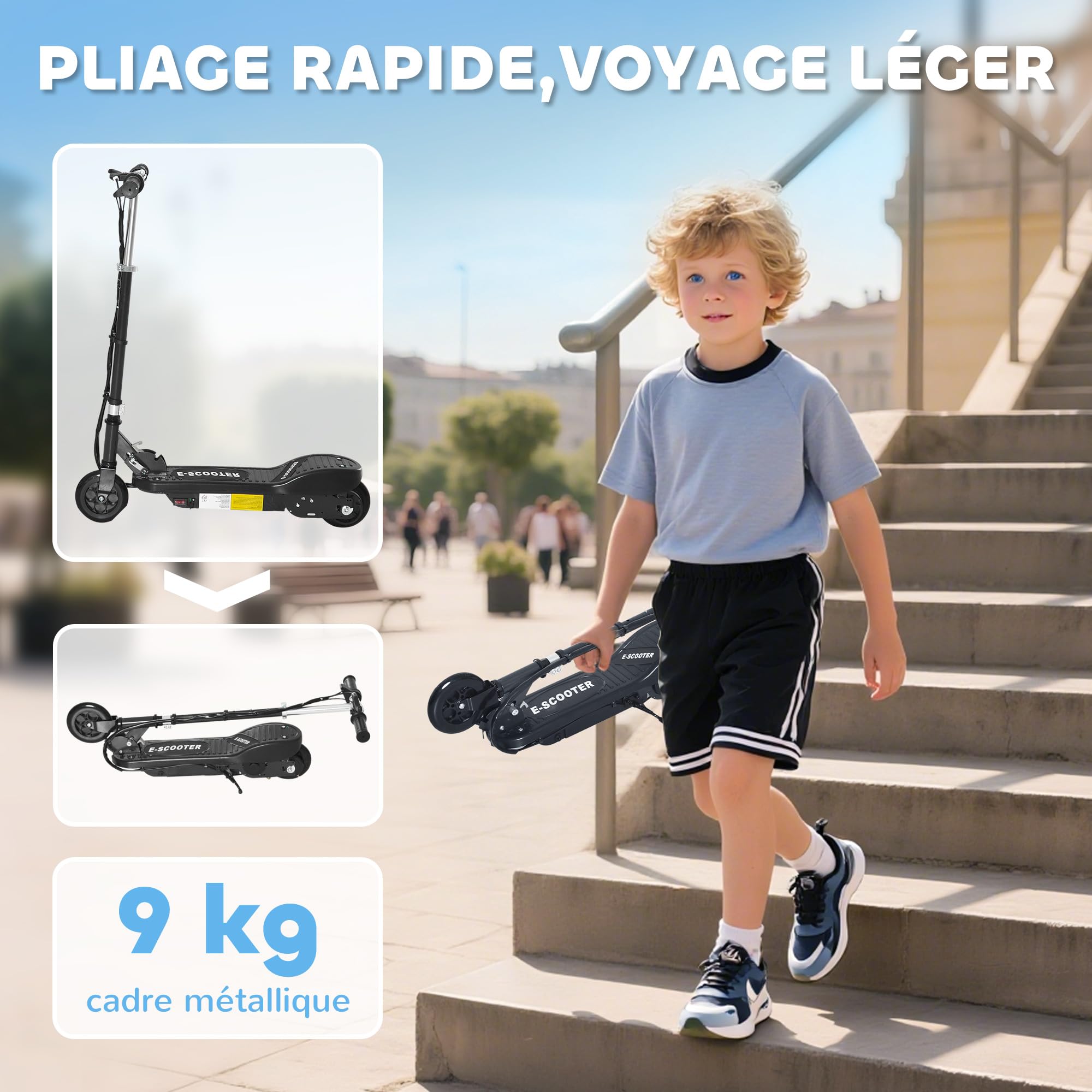 HOMCOM Trottinette électrique pour Enfants 7-14 Ans Pliable Noir | Hauteur Réglable, Batterie Rechargeable 24V, Vitesse Jusqu'à 12 km/h, Charge de Freinage 50 kg, 74x36x69-91 cm
