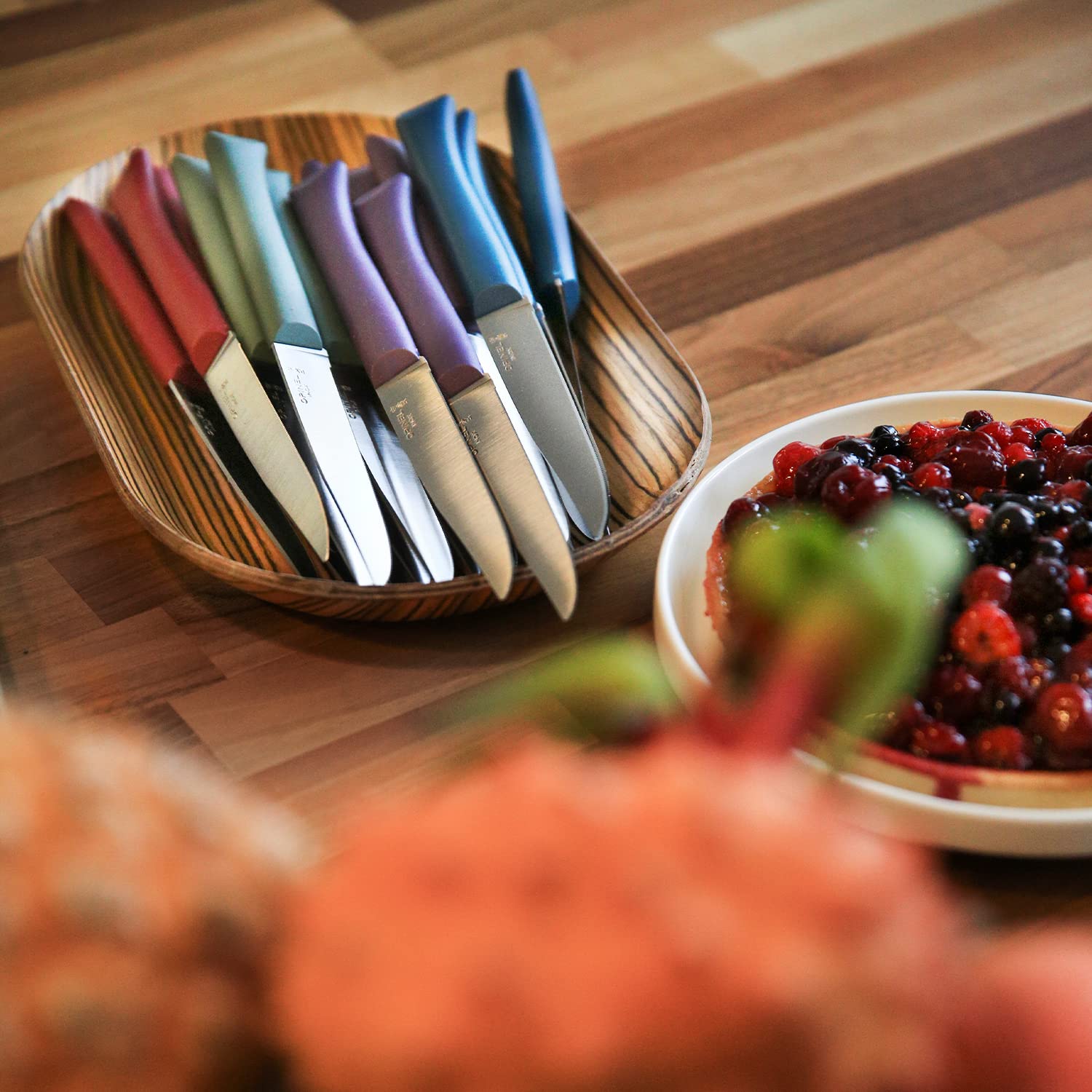 Opinel - Coffret 4 Couteaux de Table Bon Appétit+ Glam - Lame Denture Velours Inox - Manche Confort - Fabrication Française - Bleu Canard, Violet, Sauge, Grenat