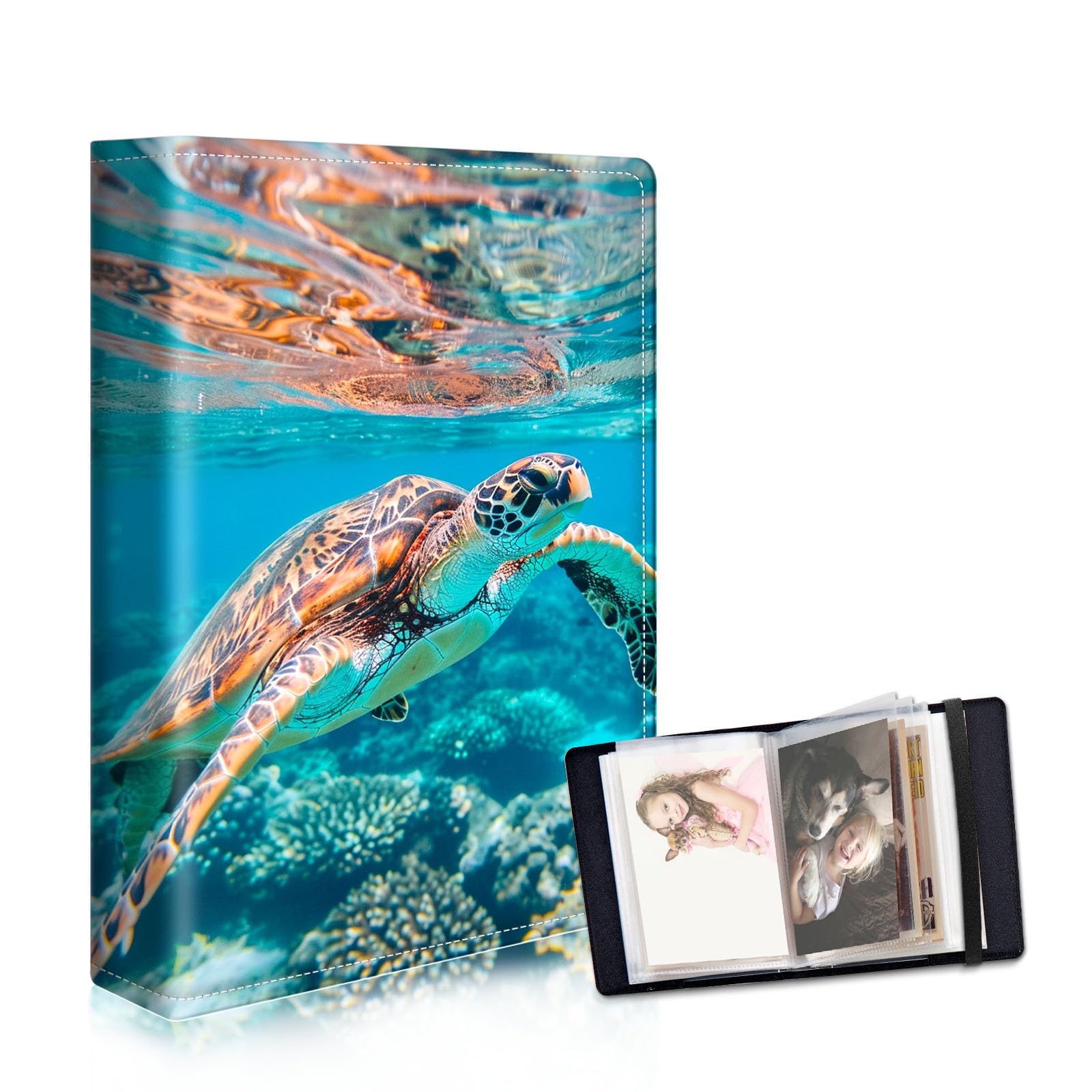 DISUOFEART Photo Albums 4x6 Pictures, Large Capacity Leather Cover Photo Book with Clear Pockets, Sea Turtle in Coral Reef Family Picture Album for Wedding Anniversary Baby Travel