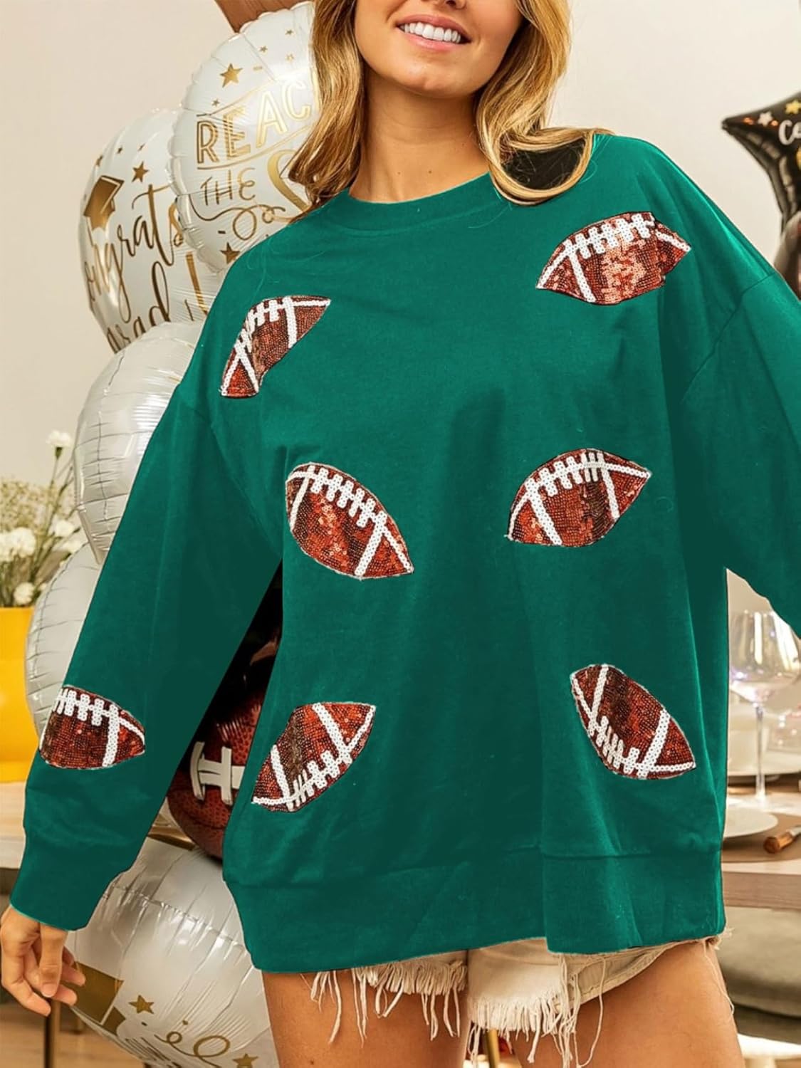 Womens Sparkle Football Sequin Rugby Sweatshirt Game Day Y2K Crewneck Oversized Shirt Long Sleeve Fleece Pullover - Image 3