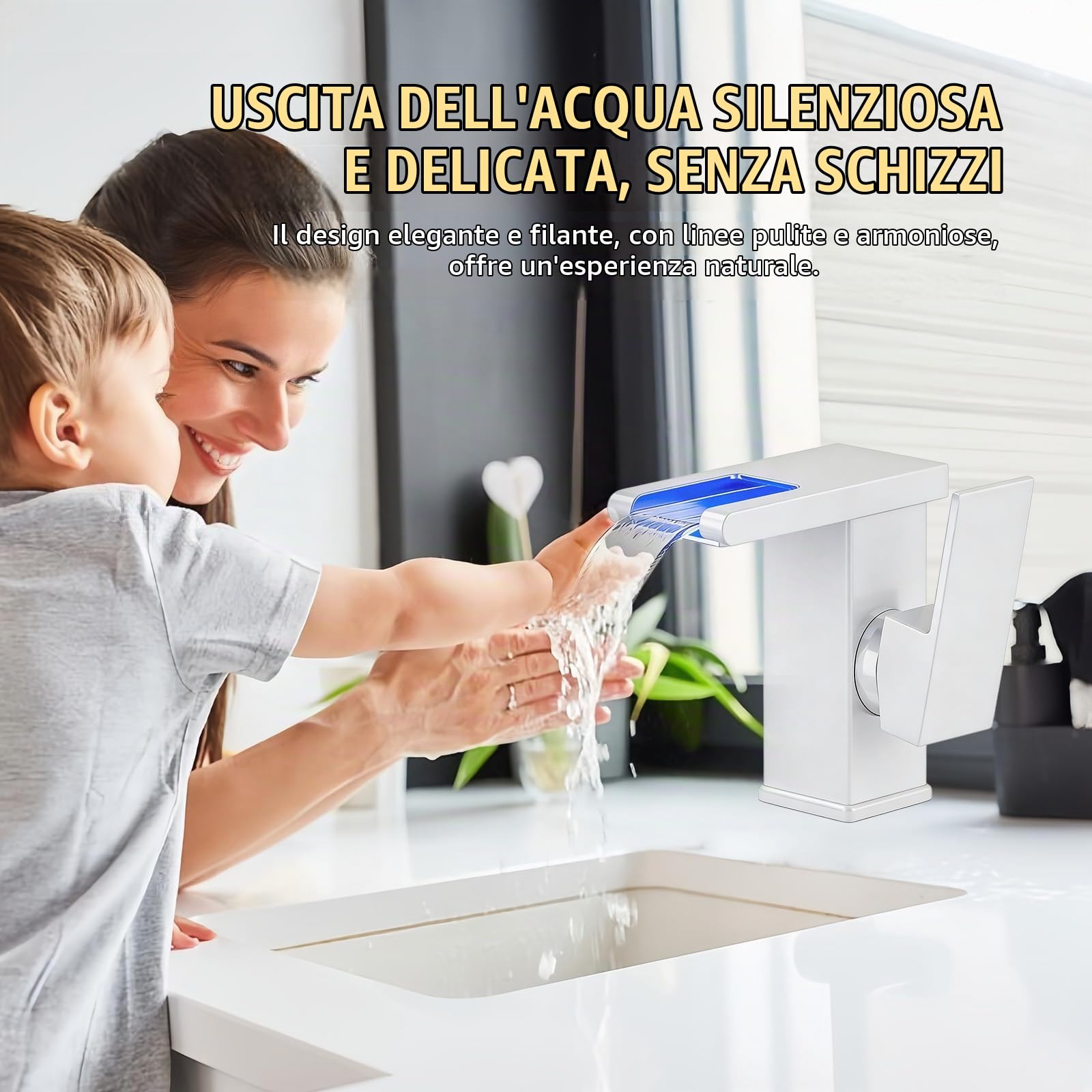 Rubinetto per Bagno con Luci LED, Cascata 3 Colori, Miscelatore Monocomando Acqua Calda e Fredda, Cromato, Moderno, Grigio, Tubi da 60 cm Inclusi