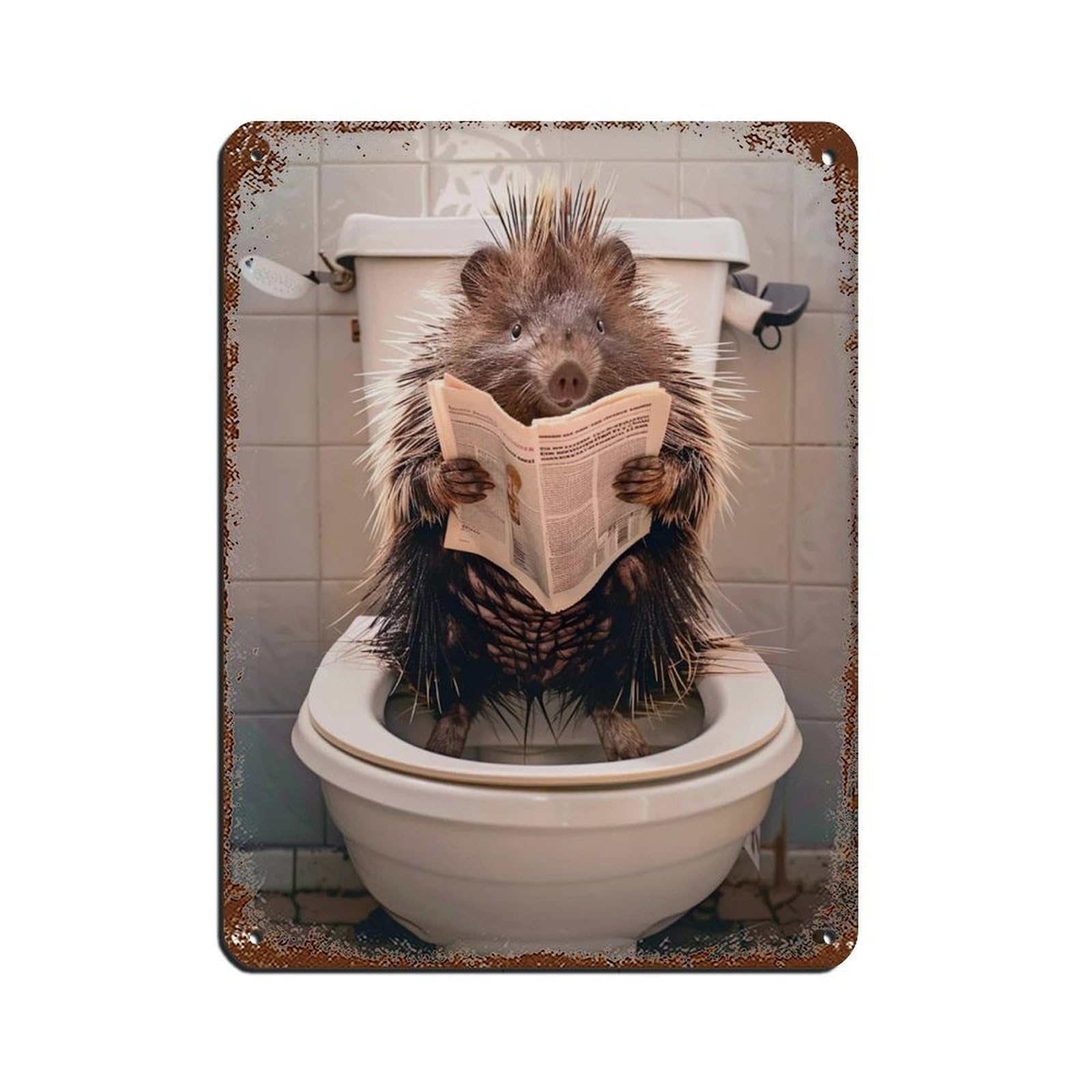 Porcupine Sitting on The Toilet Reading A Newspaper (14) Retro Poster Metal Tin Sign Chic Art Retro Iron Painting Bar People Cave Cafe Family Garage Poster Wall Decoration 12x16inch(30x40cm)