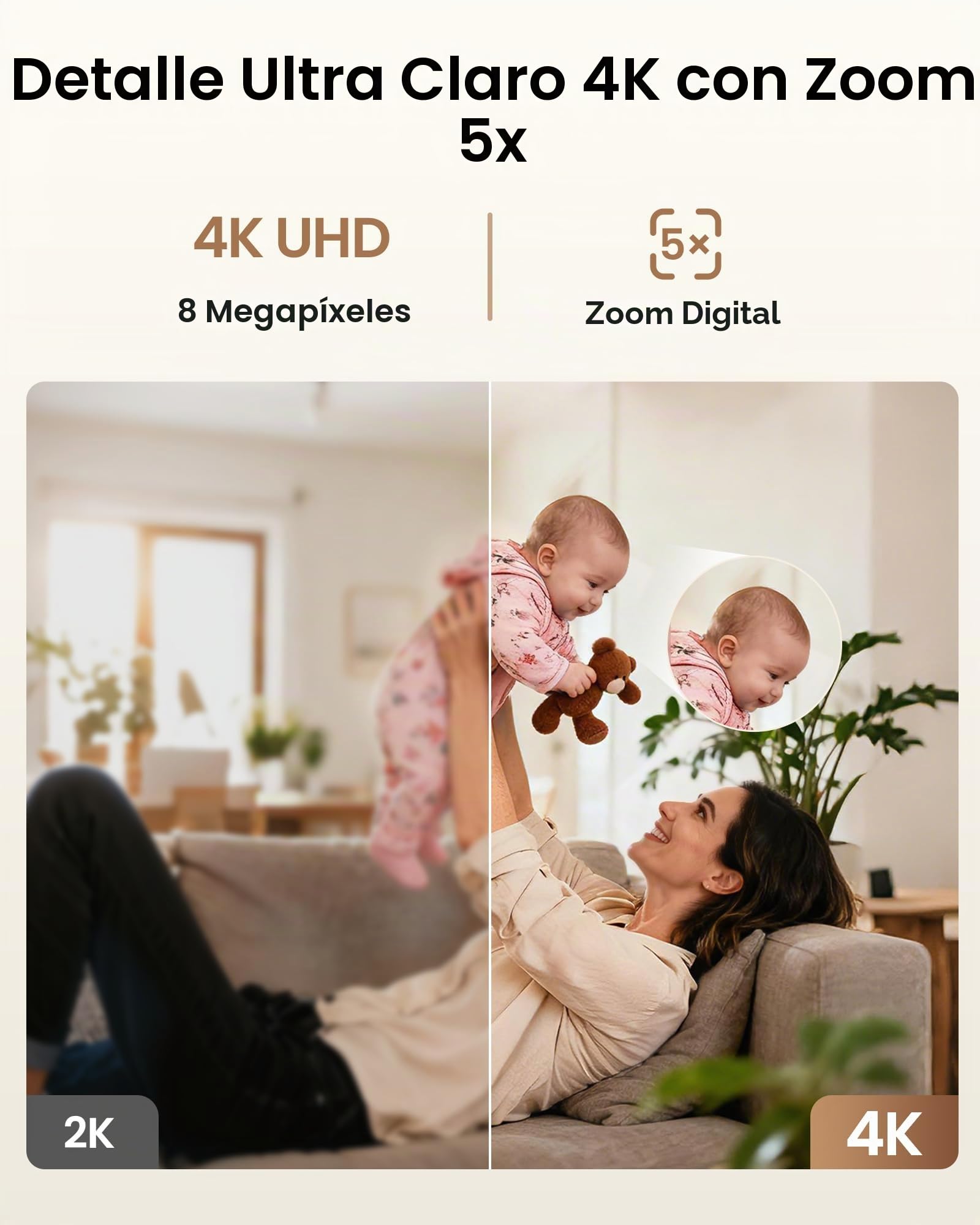 ZOSI 4K C518 Cámara Vigilancia Seguridad WiFi Interior para Bebé/Mascota, Detección y Seguimiento de Movimiento, Vista de 360°, Audio Bidireccional, 2.4G/5G WiFi, 64GB Tarjeta Incluida | Detección y seguimiento de personas/mascotas, giro de 360°, audio bi