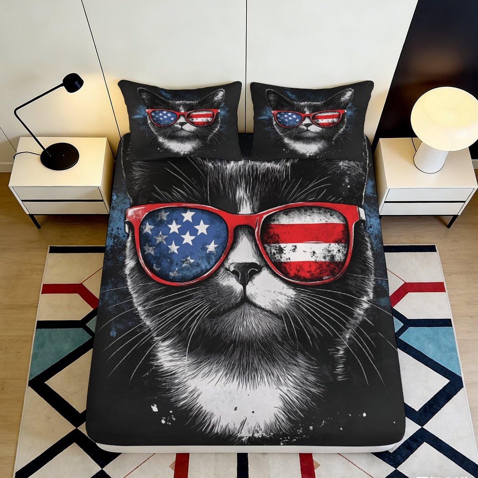 3D Printed Cool Cat Pattern Fitted Sheet Microfiber Non-Slip Deep Pocket Bedroom Bedding Cool Cat Mattress Fitted Cover 140x200x25cm