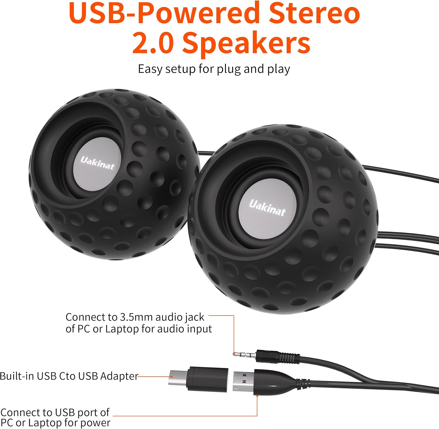 Uakinat 2.0 Computer Speaker, Black, USB Powered, 3.5mm Audio Input, Volume Control, Golf Style, Pair Pack, PC or Laptop