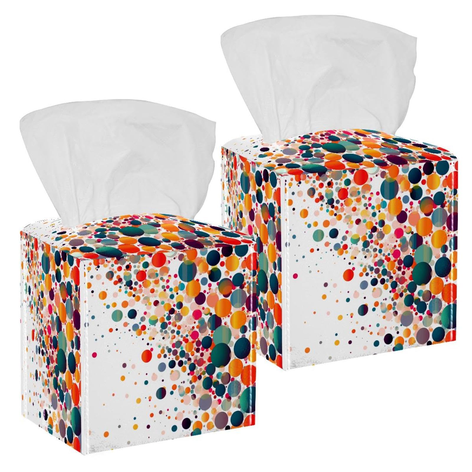 Colored Circles Dots Tissue Box Cover, 2 Pack PU Leather Square Facial Tissue Dispenser Box holder for Home Office Car