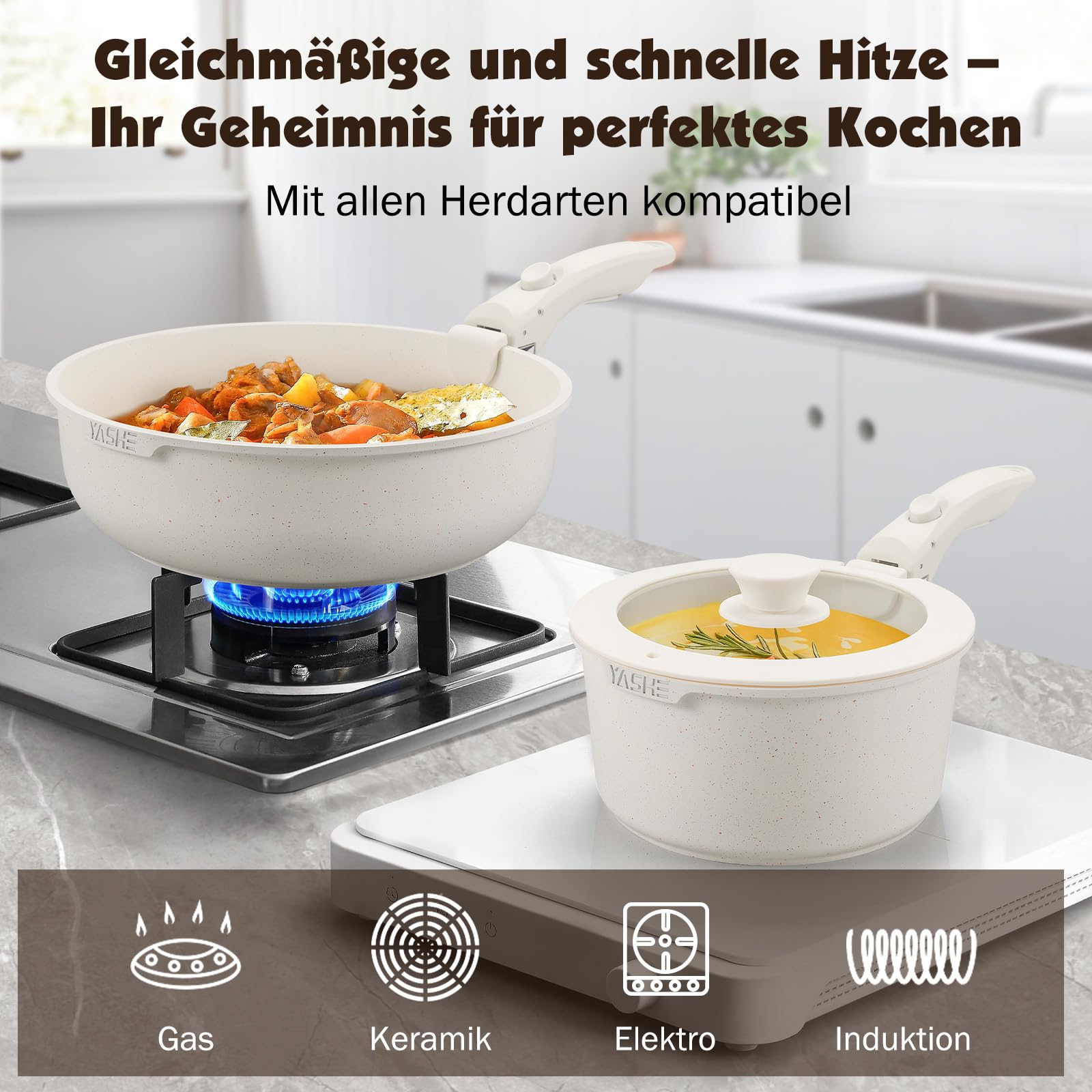 YASHE 21-teiliges Topf- und Pfannen-Set, antihaftbeschichtet, mit abnehmbaren Griffen und Glasdeckel, induktionsgeeignet, ofenfest, stapelbar, Weiß