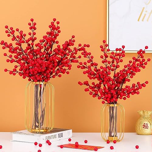 Miniatura 3 de Arreglo artificial de tallo de bayas rojas para Navidad e invierno, con hojas doradas para corona de árbol de Año Nuevo chino, festividades,