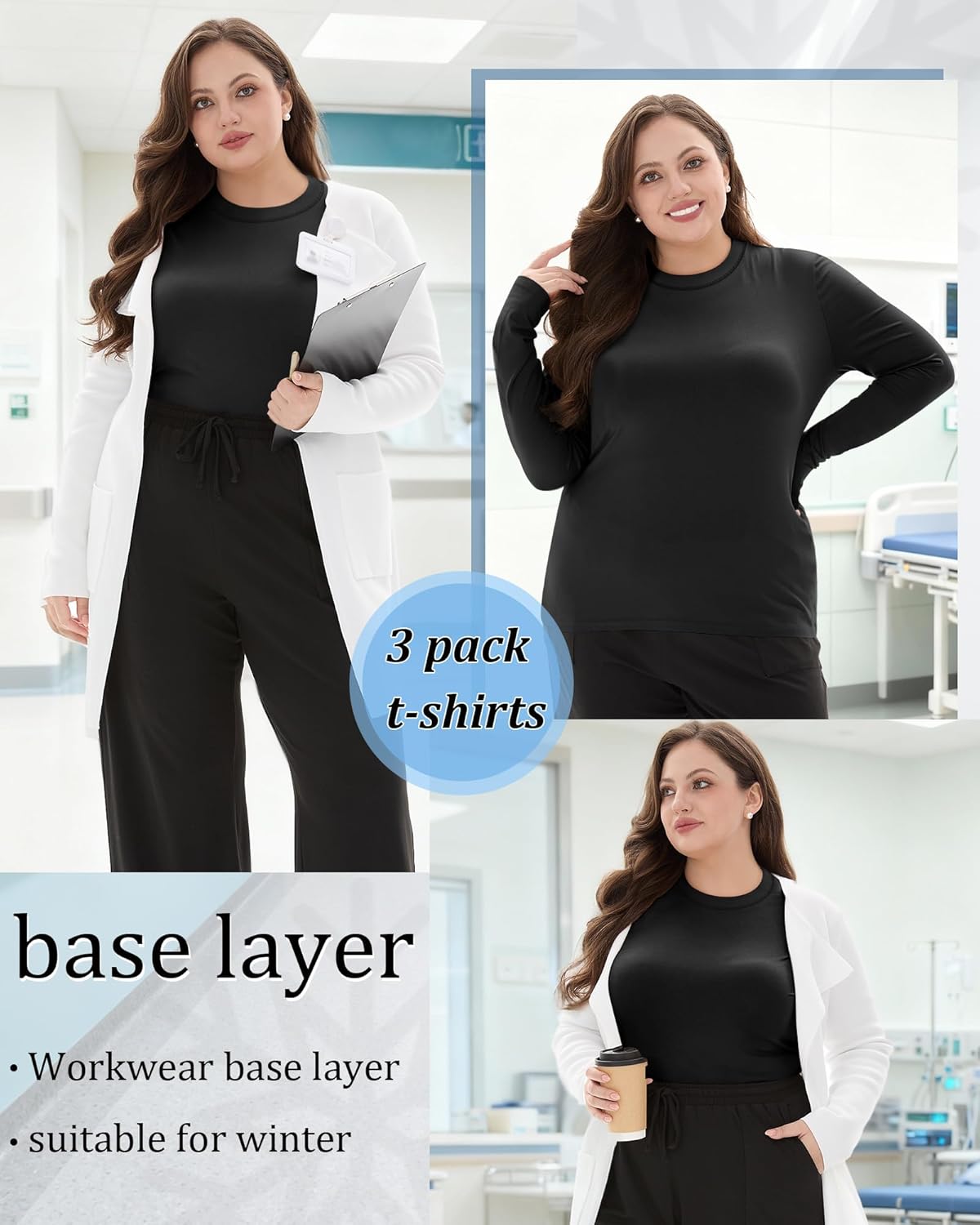 3 Pack Women's Plus Size Underscrub Shirts, Long Sleeve Crew Neck Tops Fitted Layering Basic Tee for Nurse