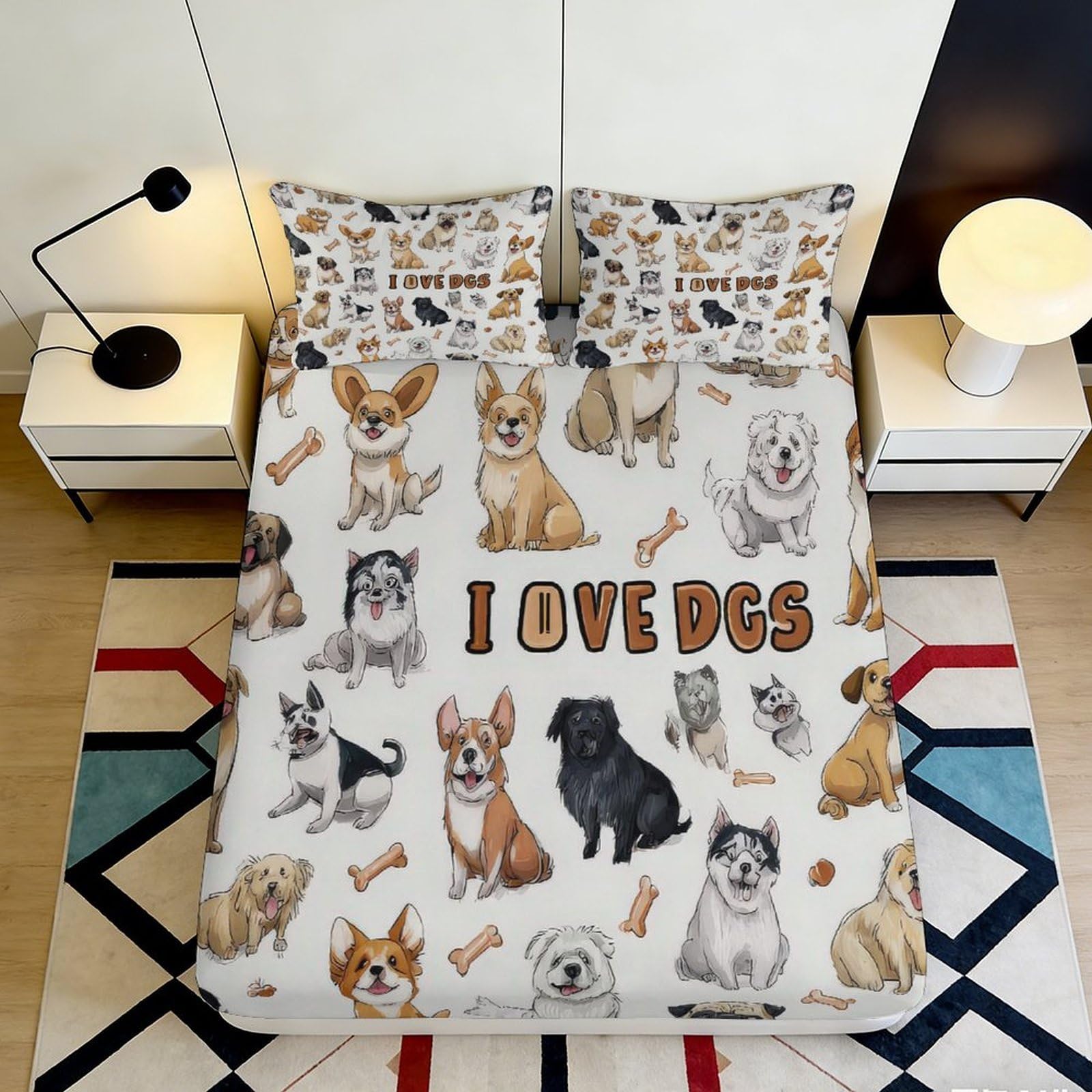 3D Printed Dog Pattern Fitted Sheet Microfiber Soft Durable Cartoon Puppy Bed Cover for Bedroom Dormitory Guest Room Mattress Protection 120x200x25cm