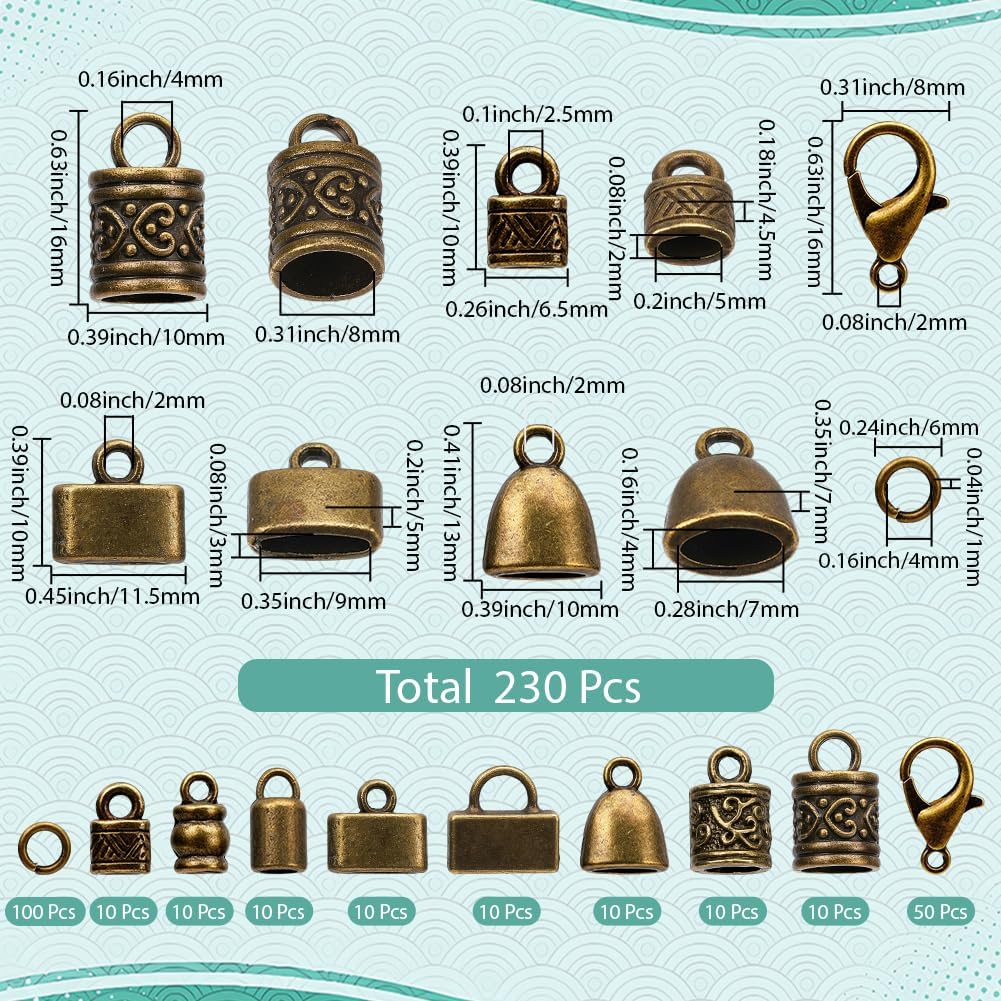 SUNNYCLUE 1 Box 230pcs Cord End Caps Kit Kumihimo Ends Alloy Metal Tibetan Style Antique Bronze Tassel Glue in Crimp Leather End Caps for Jewelry Making Kit Bracelet Kumihimo Supplies Gifts Craftings - Image 2