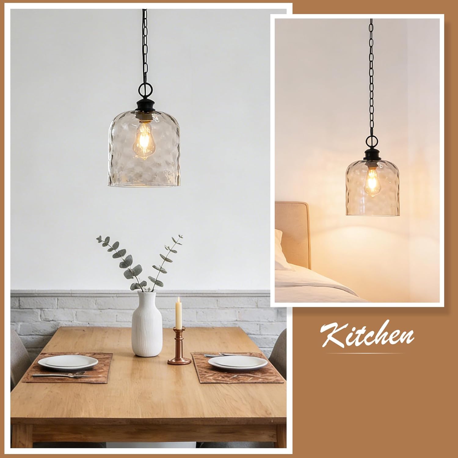 Modern Farmhouse Pendant Light, 8.7" Hammered Glass Hanging Fixture with Matte Black Chain, Adjustable Texture Glass Chandelier for Kitchen Island Entryway Sink, E26 Base