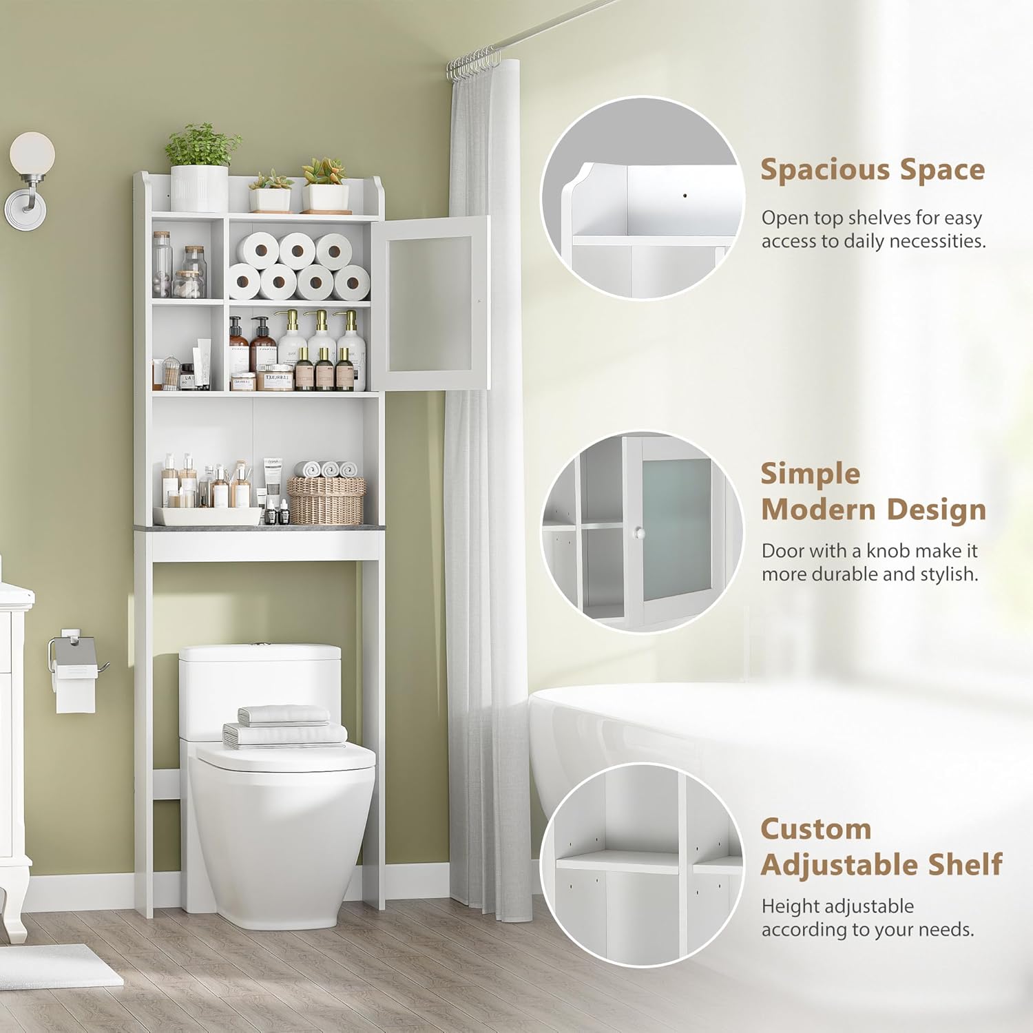 ZENY Over The Toilet Storage Cabinet, Bathroom Organizer with Adjustable Shelf and Double Doors, Freestanding Bathroom Space Saver Toilet Rack (White)