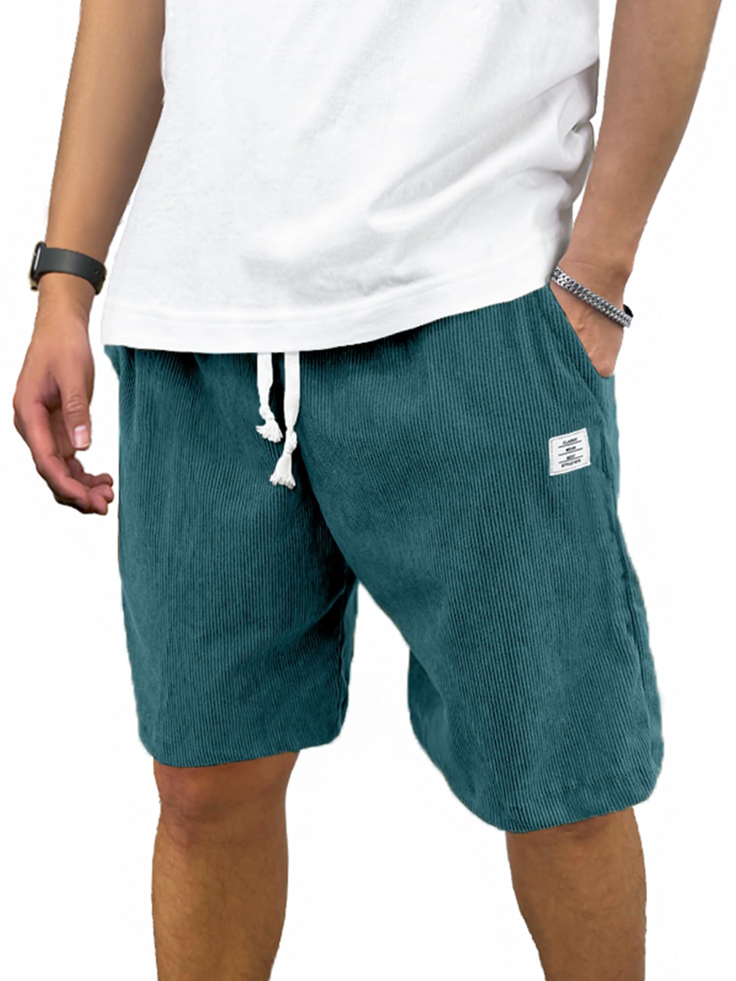 PLEPAN Mens Corduroy Shorts Casual Elastic Waist Drawstring Summer Beach Shorts