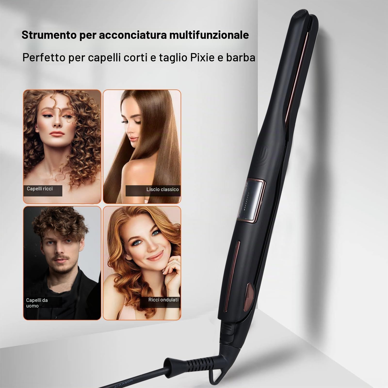 Mini piastra lisciante professionale per capelli corti, barba e frangia, arricciatura e lisciatura, riscaldamento rapido 15S, 80-230°C, display LCD, 10 mm