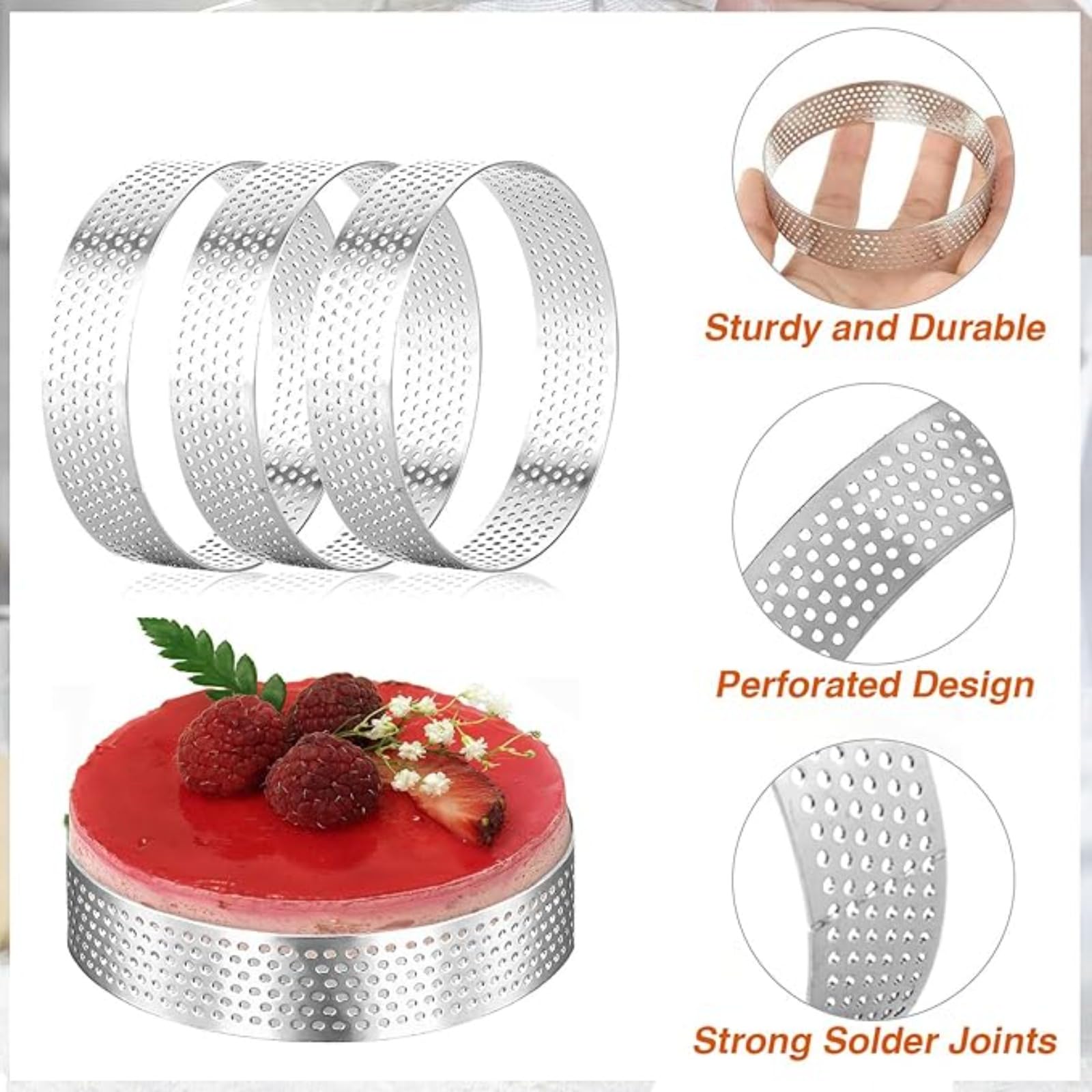Lot de 10 anneaux à tarte perforés en acier inoxydable 304 anti-adhésif pour pâtisserie, dessert, petites croûtes de tartelettes aux fruits