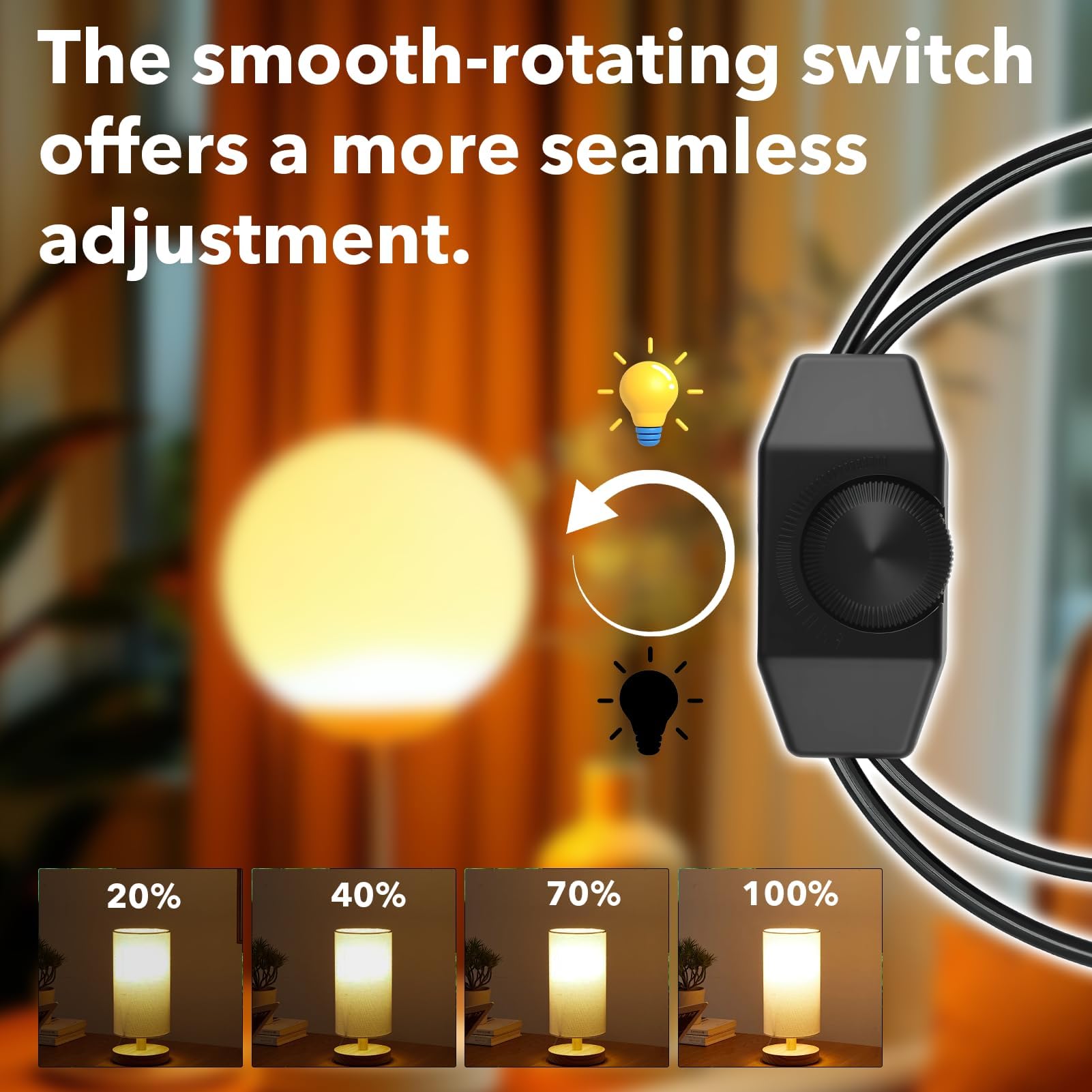 Regulador LED con Interruptor Rotativo, Cable 1M Negro 220-250V 100W Máx, Dimmer Silencioso con Enchufe Europeo para Lámparas y Bombillas LED Regulables, Extensión de Cable Ajustable