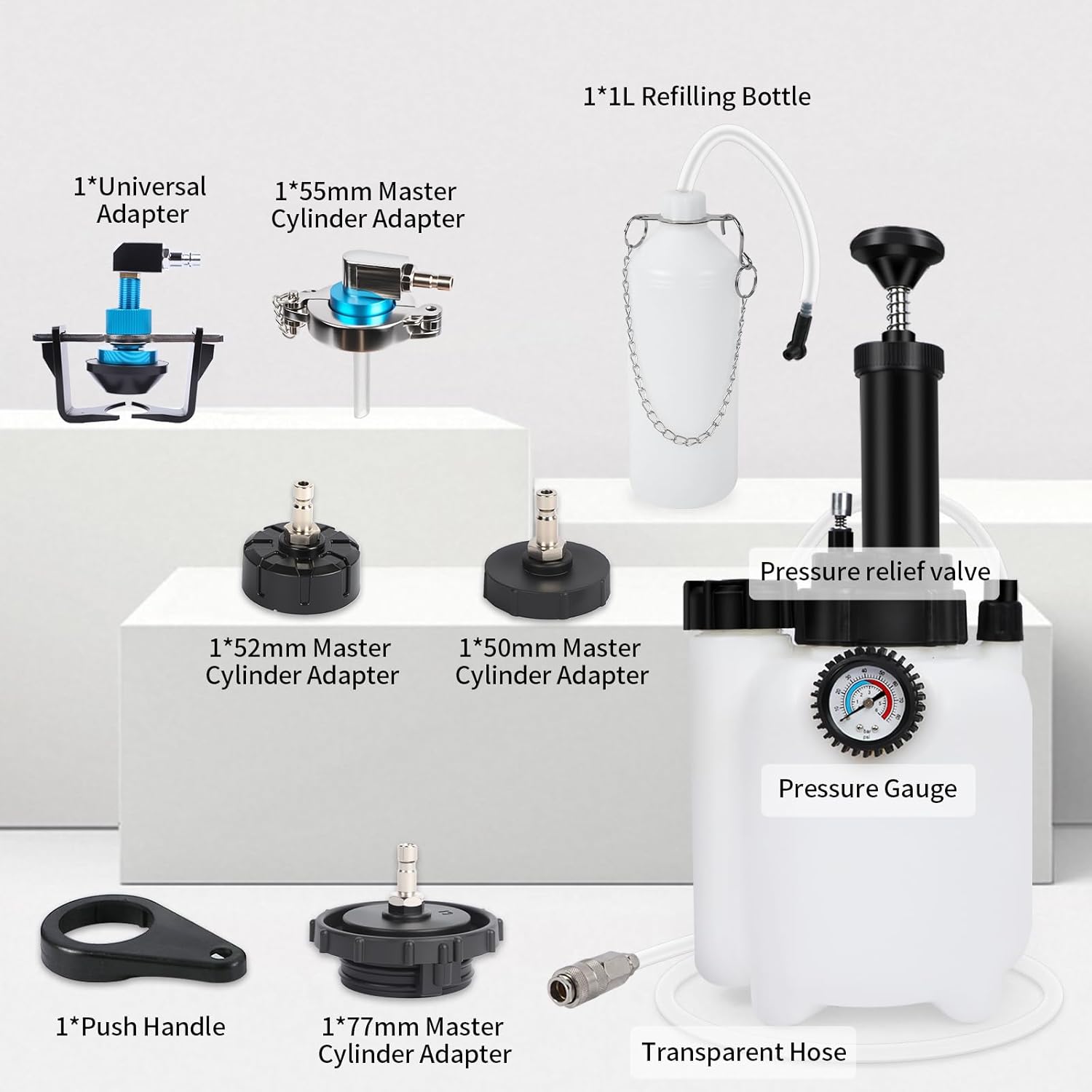 PLAYOCCAR Brake Bleeder Pressure Pump kit,3L Brake Fluid Bleeder Kit with 1L Waste Bottle & 4 Upgraded Master Cylinder Adapters & 1 Universal Adapter,One-Person Vacuum Operation