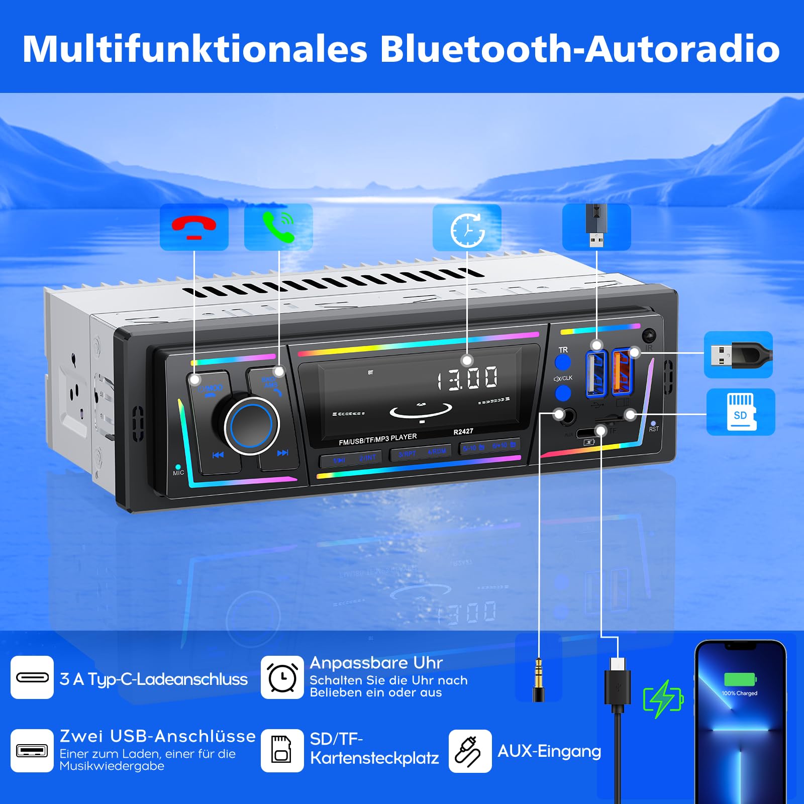 RDS Autoradio Bluetooth, CENXINY Autoradio mit Type-C-Ladeanschluss, Mehreren Beleuchtungsmodi,FM/AM Fernbedienung/2USB/AUX/SD/MP3-Player/DSP/EQ