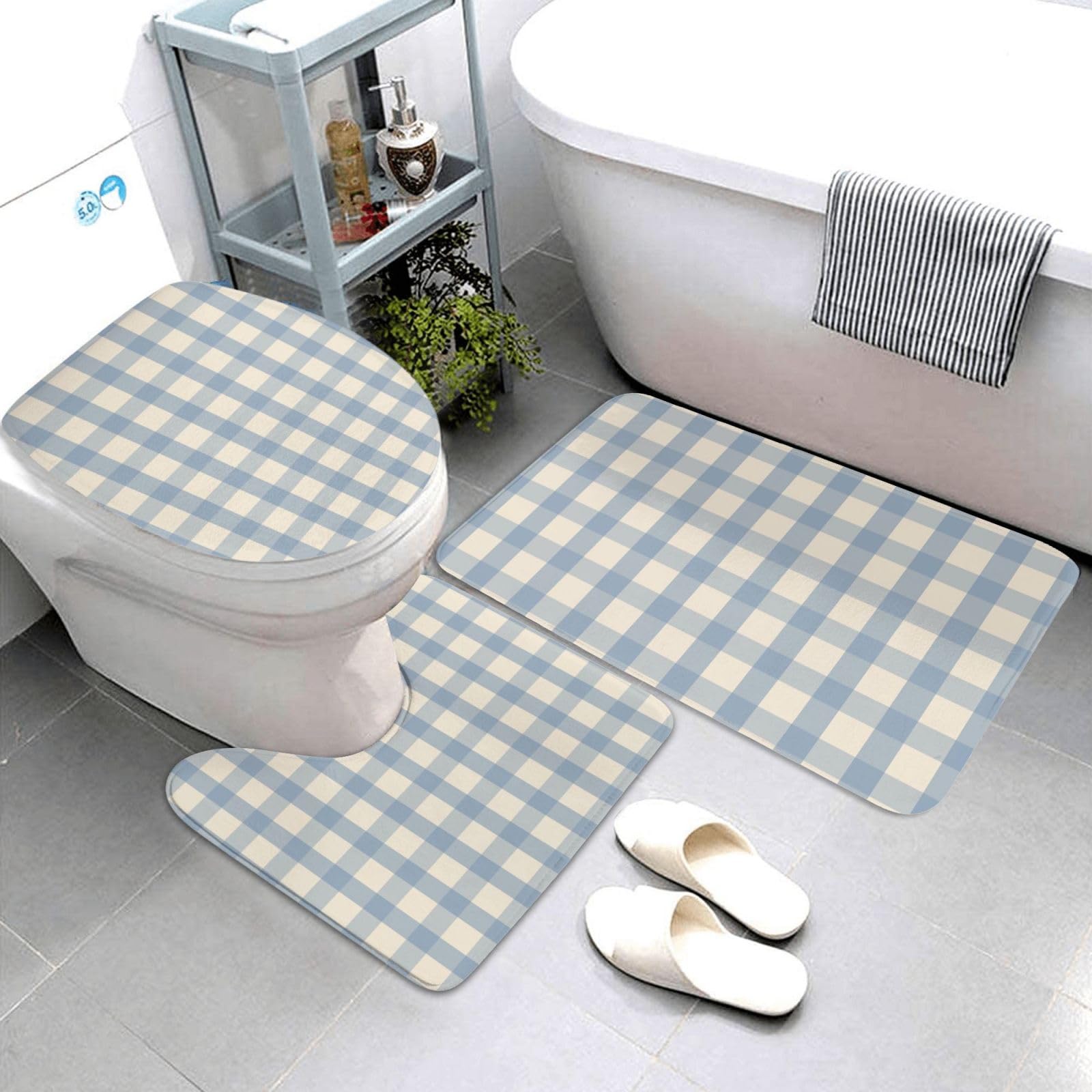 Tapis de salle de bain vichy bleu lot de 3 avec contour et housse de WC