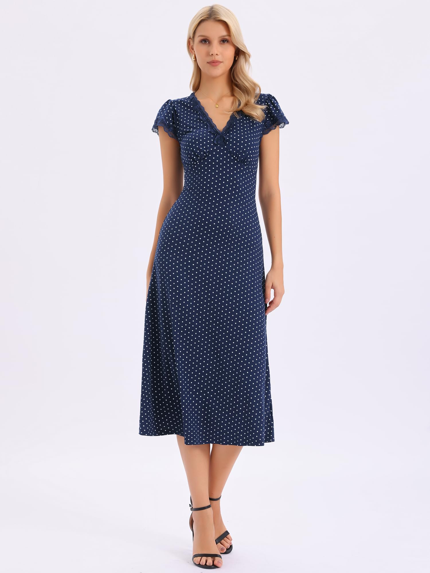 Allegra K Vestito a pois da donna anni '50 vintage midi abiti | Bordo in pizzo, scollo a V, maniche ad aletta con volant, linea ad A, vita aderente, abbigliamento quotidiano estivo