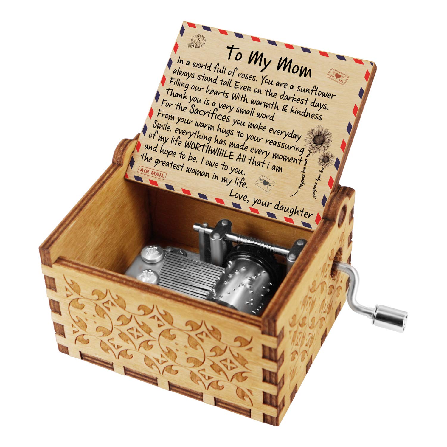 Kenon To My Mom From Daughter Engraved Envelope Vintage Music Box - Your Are My Sunshine Music - Personalized Christmas Birthdays Gift For Mom From Daughter