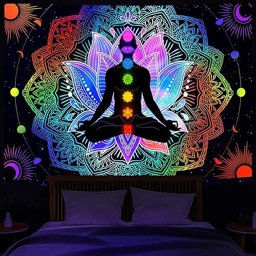 Torich Tapiz de siete chakras, luz negra, meditación reactiva a los rayos UV y espiritual para yoga, pósteres verticales, hippie mandala trippy