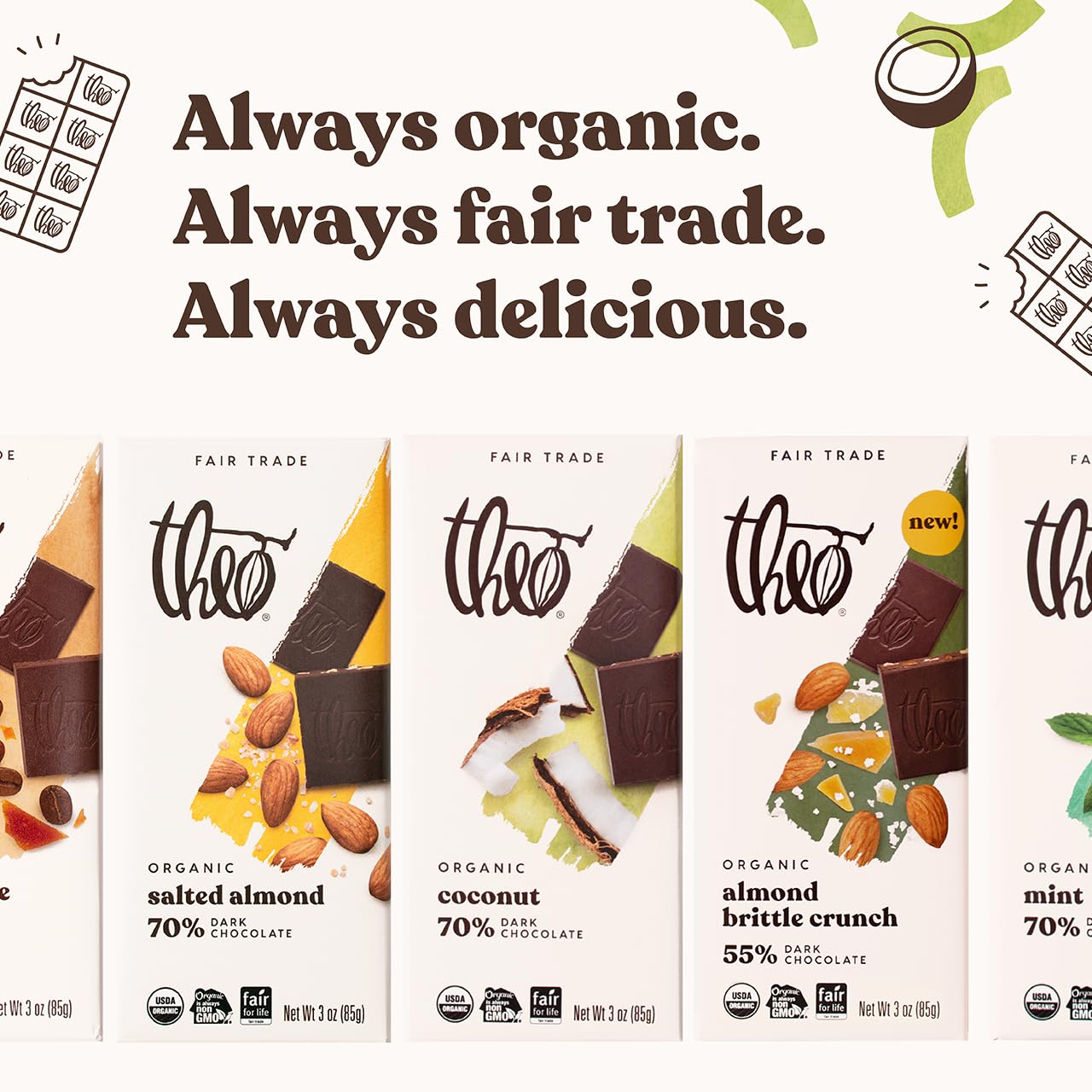 Theo Chocolate Coconut Organic Dark Chocolate Bar, 70% Cacao, 6 Pack | Vegan, Fair Trade