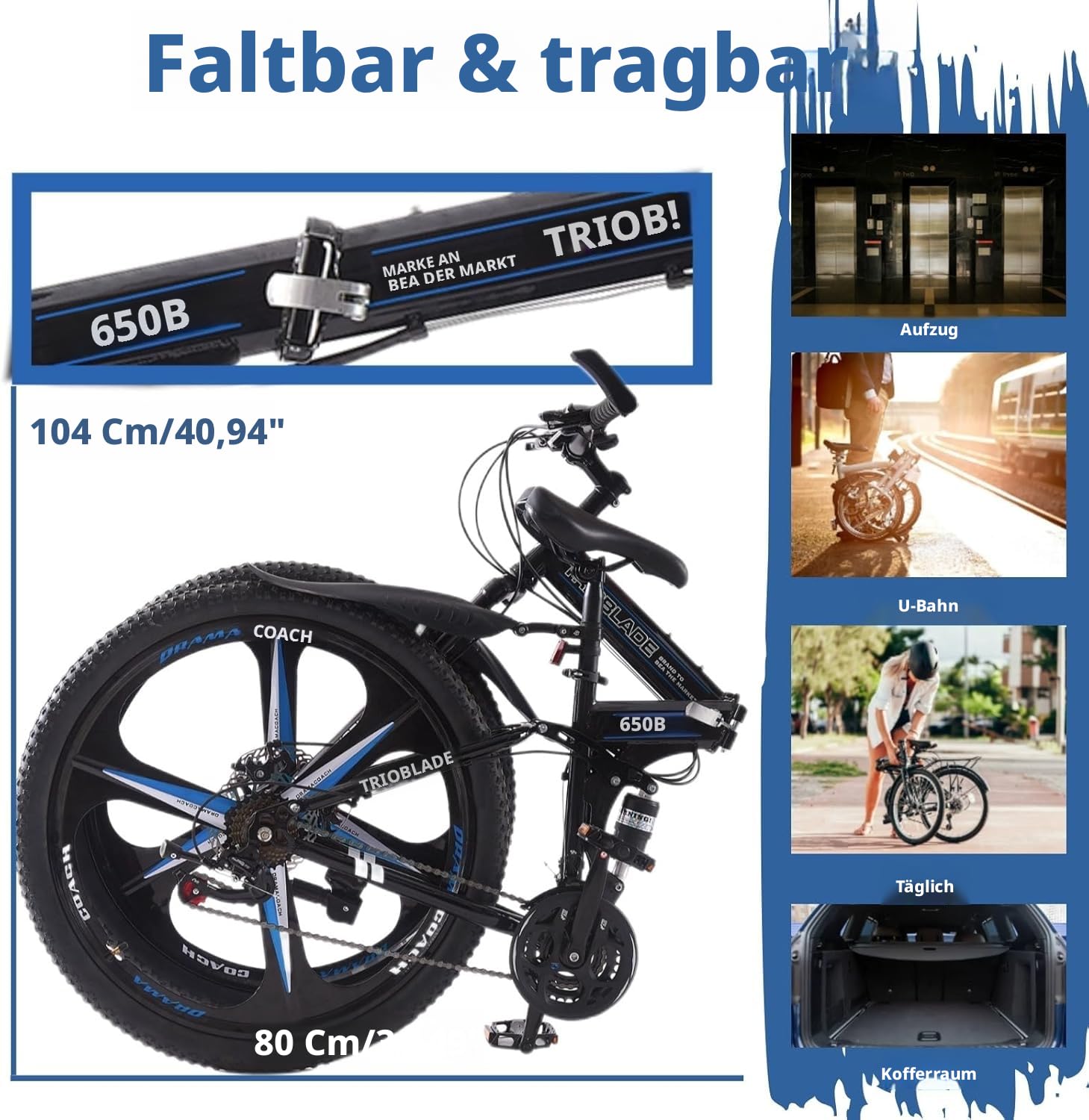 LSLIFE 27,5 Zoll Klappfahrrad 21 Geschwindigkeit Professioneller Karosserie Aluminiumrahme Doppelscheiben Bremse Vorderaufhängung Männer/Damen Mountainbike