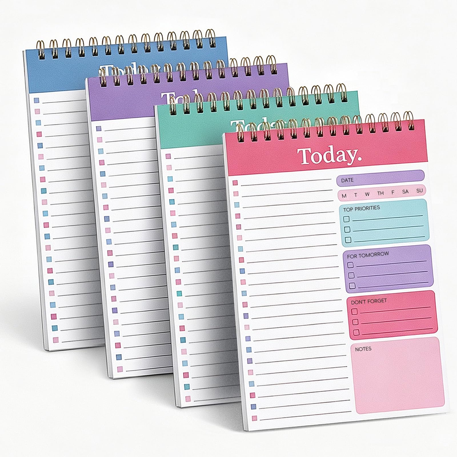 RITOLLO 4 Pack To Do List Notepad, Undated Daily Planner Pad, Spiral Task Notebook with 30 Sheets, Clear Cover, Red Blue Green for Work Study Office