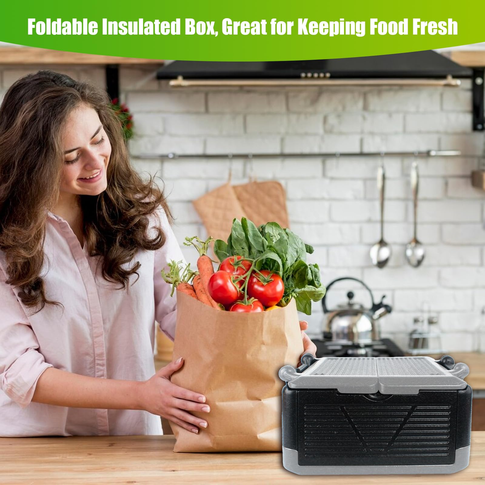 Contenitore termico pieghevole, 26 l, polistirolo, 43 x 43 x 25 cm, coperchio integrato, multifunzione, campeggio, picnic, alimenti (nero e grigio)