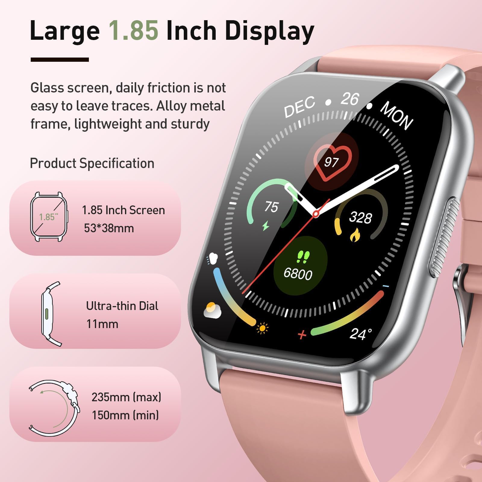 Cillso Smart Watch for Men Women, 1.85" Fitness Watch with Bluetooth 5.3 Call, Smartwatch with Heart Rate/Sleep Monitor, 110+ Sports Modes, IP68 Waterproof Activity Tracker for Android iOS, Pink — view 6